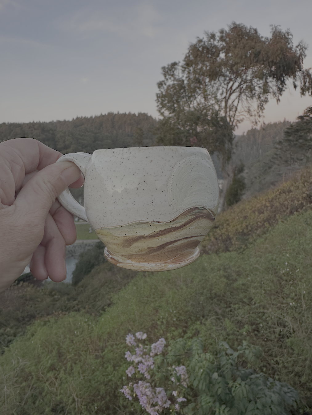 A hand holding a ceramic mug with a natural mountain landscape pattern, outdoors with trees, hills, and pink flowers in the background at sunset.
