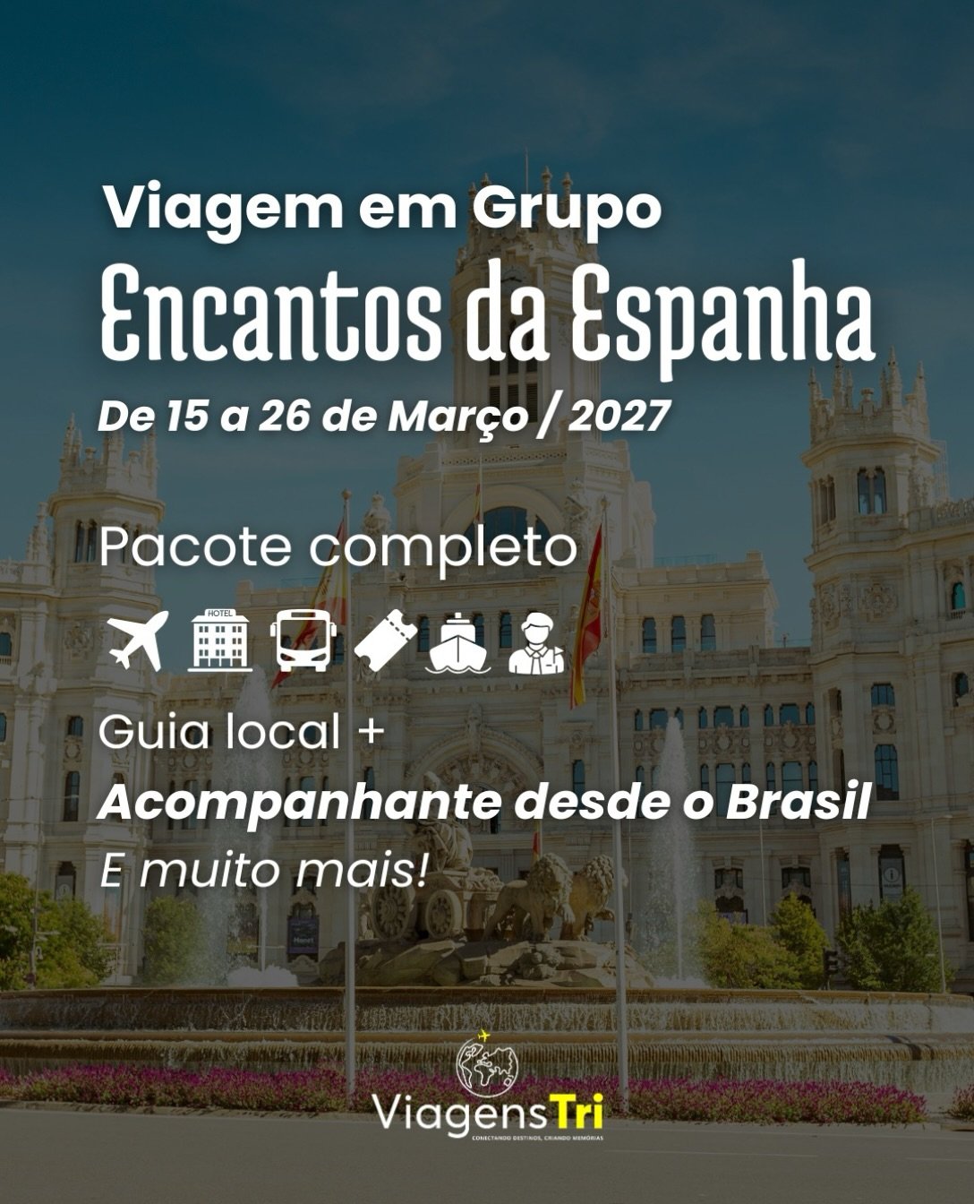 J&aacute; imaginou viver o melhor da Espanha em uma viagem completa, com todo o conforto e seguran&ccedil;a que voc&ecirc; merece? 🇪🇸

De 15 a 26 de mar&ccedil;o, vamos desvendar os Encantos da Espanha em um grupo exclusivo, com acompanhamento desd