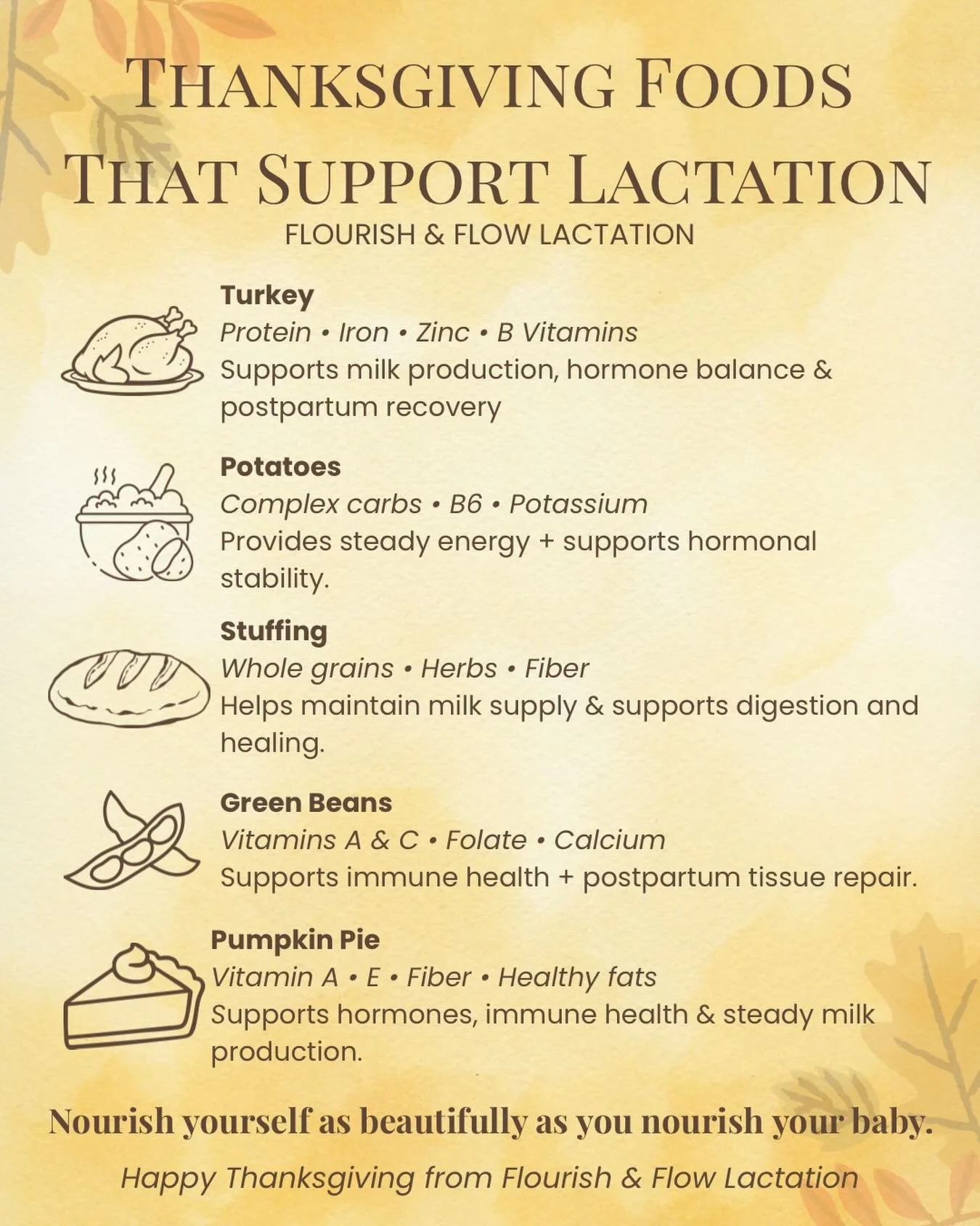 🦃✨ Thanksgiving Foods That Support Lactation ✨🧡

Your Thanksgiving plate is more than delicious, it&rsquo;s packed with nutrients that support milk production, hormone balance, and postpartum recovery. Whether you&rsquo;re in the newborn days or nu