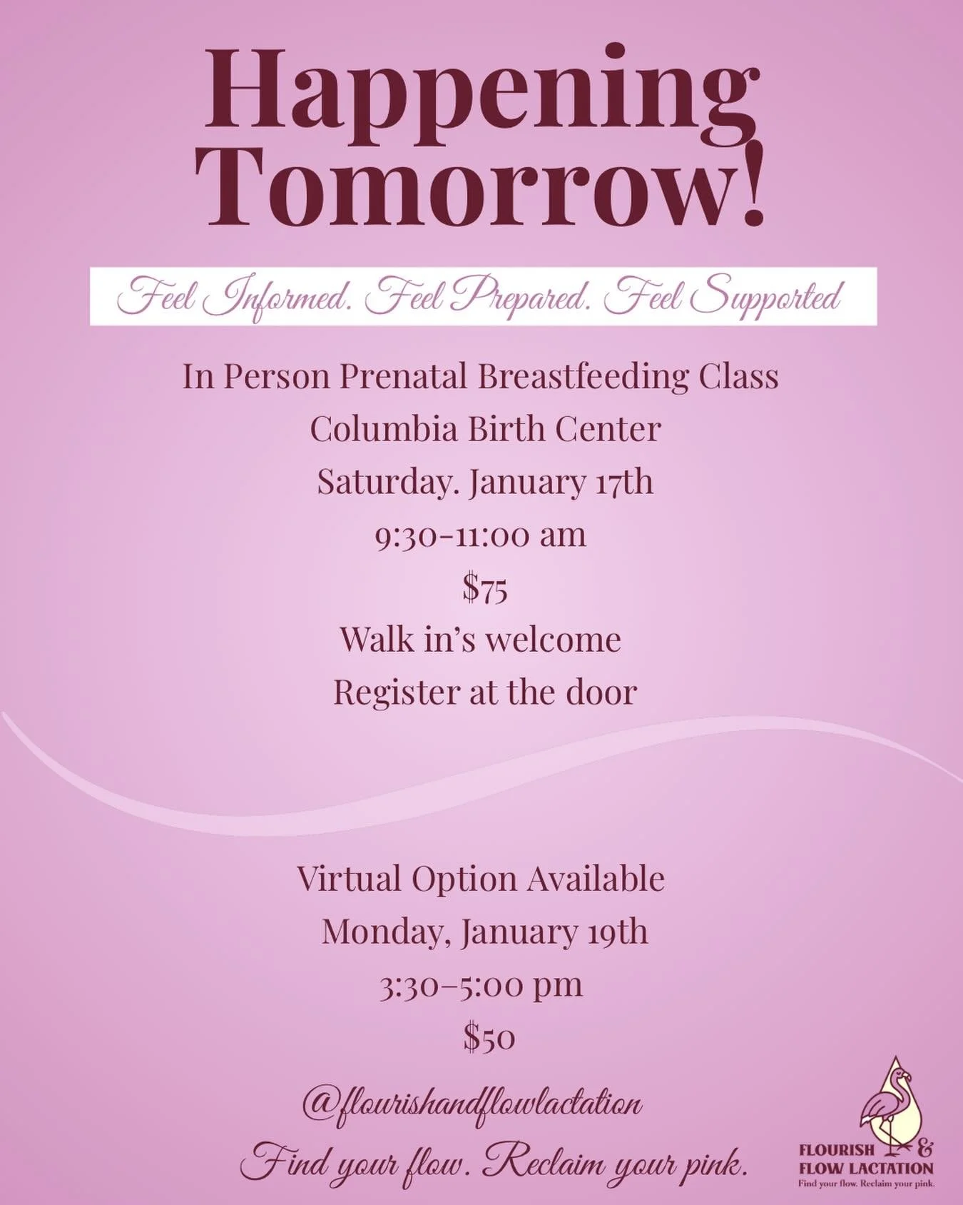 ⏰ Happening Tomorrow ⏰

If you are expecting and want to feel more confident about breastfeeding before your baby arrives, this is your chance 🤍

🍼 Prenatal Breastfeeding Class
📍 Columbia Birth Center
🕤 Saturday | 9:30&ndash;11:00 am
💵 $75

✨ Wa