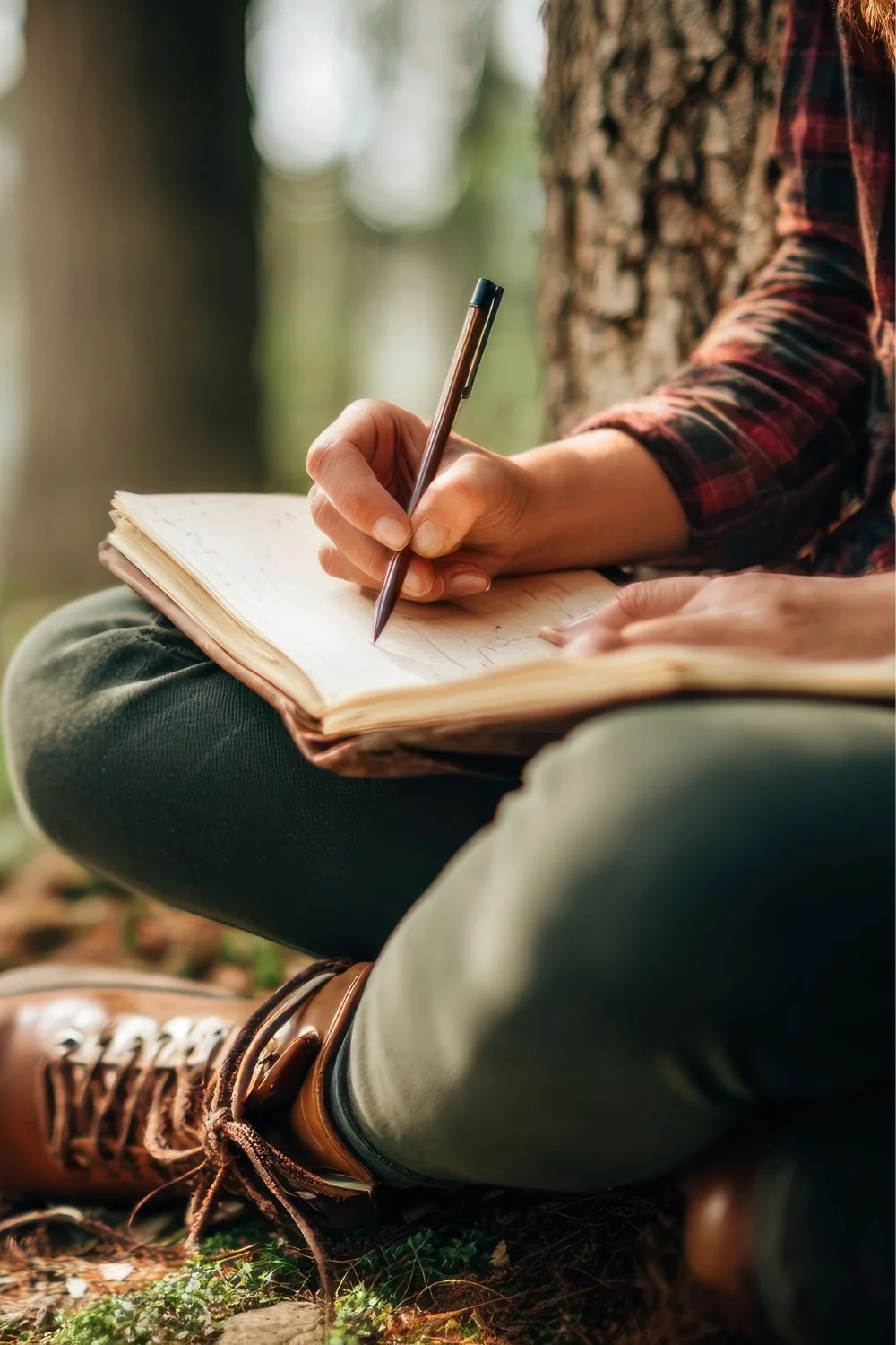 Person sitting on the forest floor writing in a journal