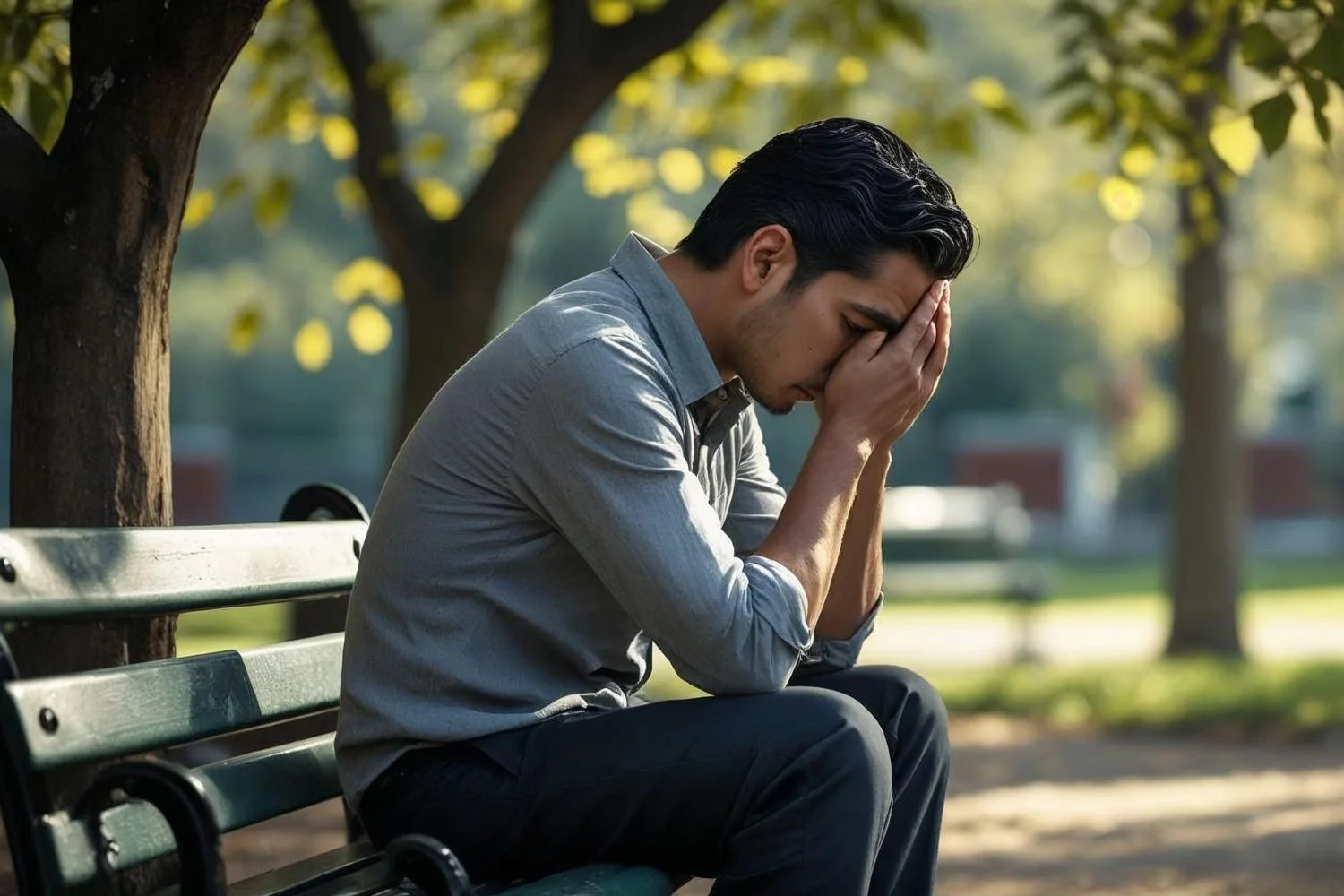man experiencing depression sitting on a park bench