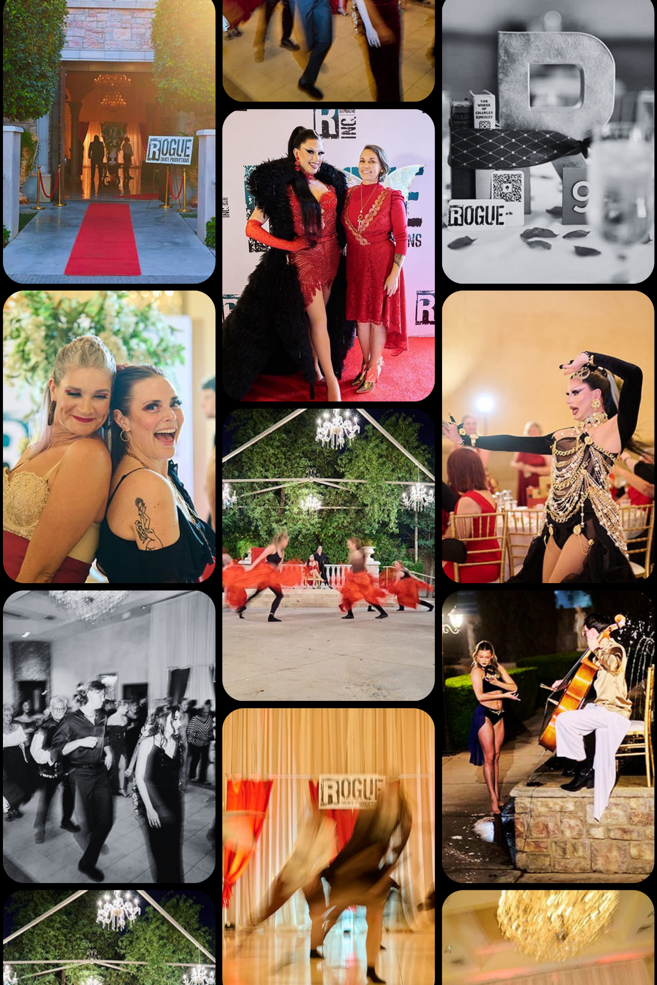 Collage of images from a social event, including indoor and outdoor scenes with dancing, performances, dressed-up attendees, and elegant decorations.