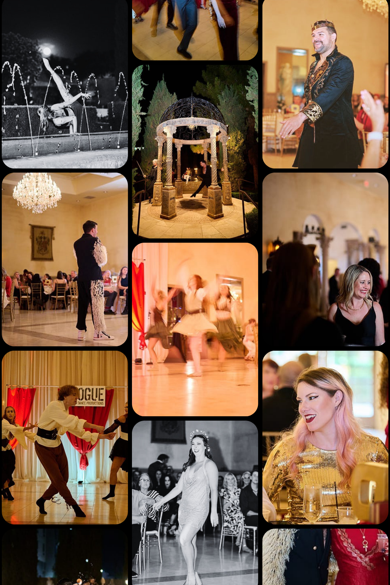 A collage of photos from a lively celebration or party, including dancing, a person dressed in a crown, a decorated gazebo, a performer in an elegant dress, and guests enjoying the event.
