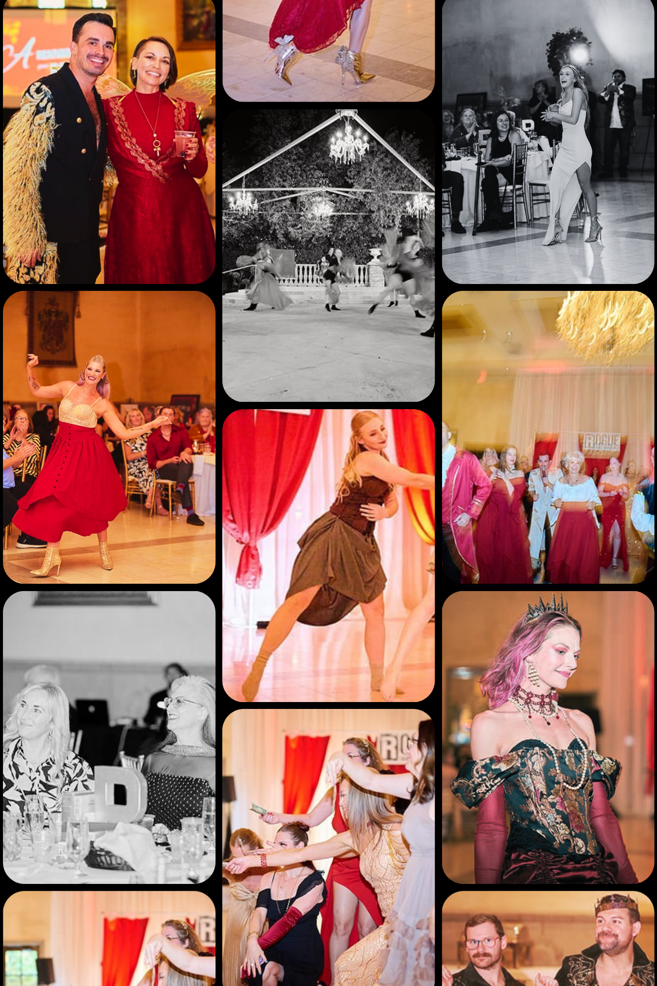 Collection of photos from a lively costume party or event with dancing, socializing, and people dressed in elegant and themed costumes, including a woman in a red and gold dress, people dancing outdoors, and guests sitting at tables.