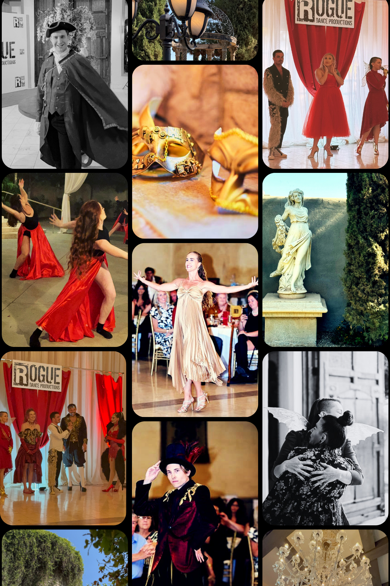 A collage of various scenes from a theatrical or dance performance, including dancers in costumes, actors on stage, a statue outside, jewelry, a chandeliers, and people in elegant attire at an event.
