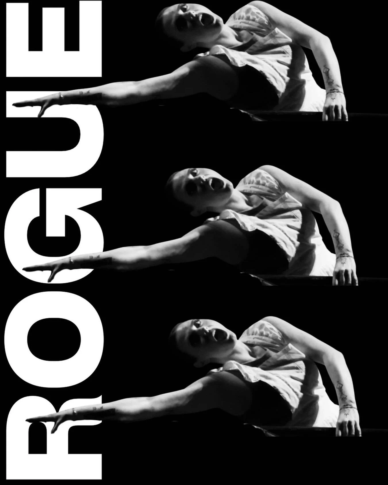 Black and white image featuring a woman in a yoga pose with her arm extended and head tilted, repeated three times vertically, along with large overlapping text that spells 'ROGUE' in bold capital letters.