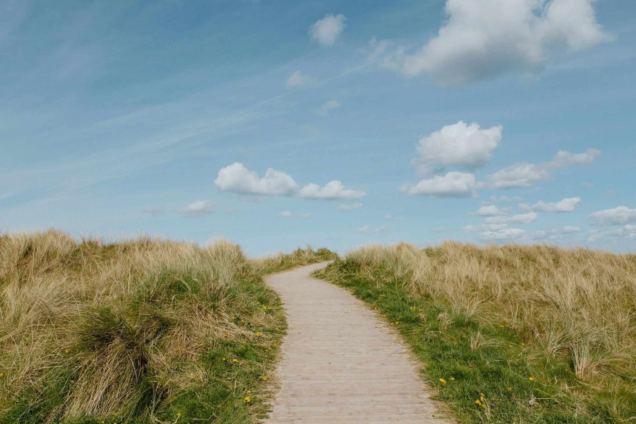 A winding dirt path leading through grassy sand dunes under a blue sky with scattered clouds.