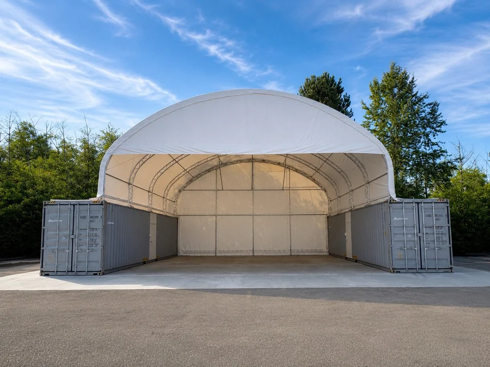 Completed container-mounted fabric structure