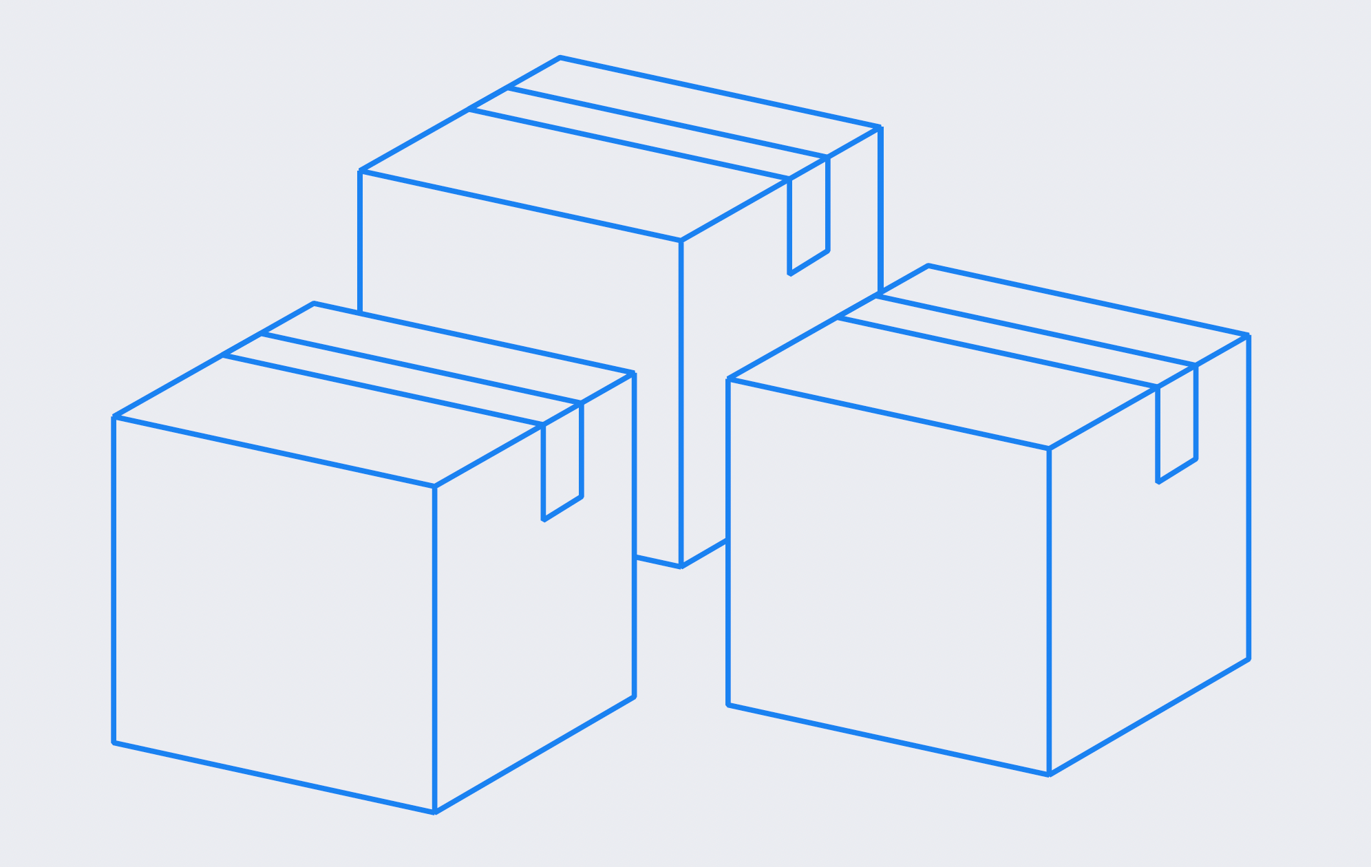 Three outlined cardboard boxes stacked with two on the bottom and one on top, all with tape on the top flaps, on a plain light background.