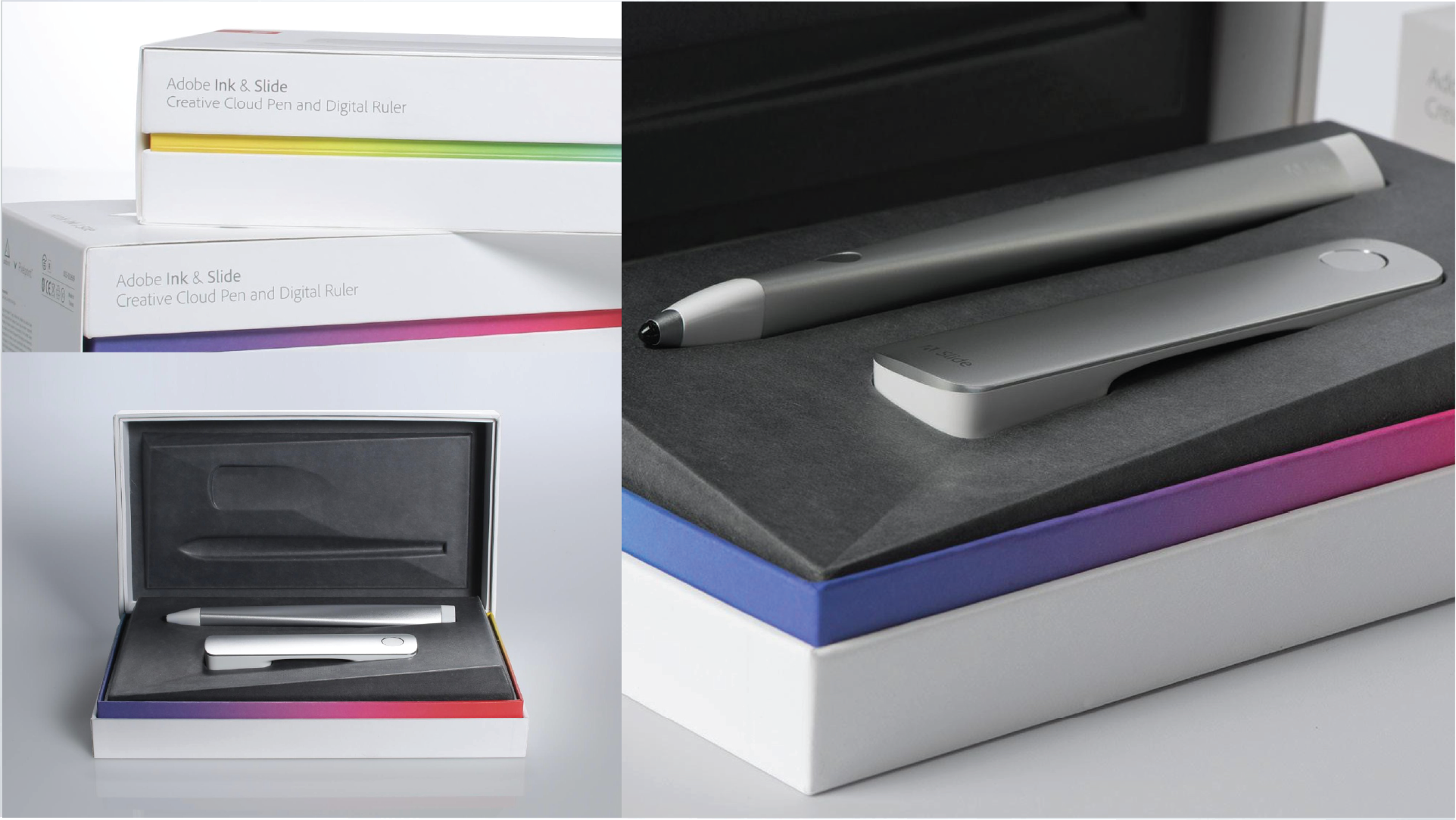 A box containing a white stylus pen on a molded paper pulp insert, with a silver digital ruler, set against a black background and colorful boxes labeled Adobe Ink & Slide.