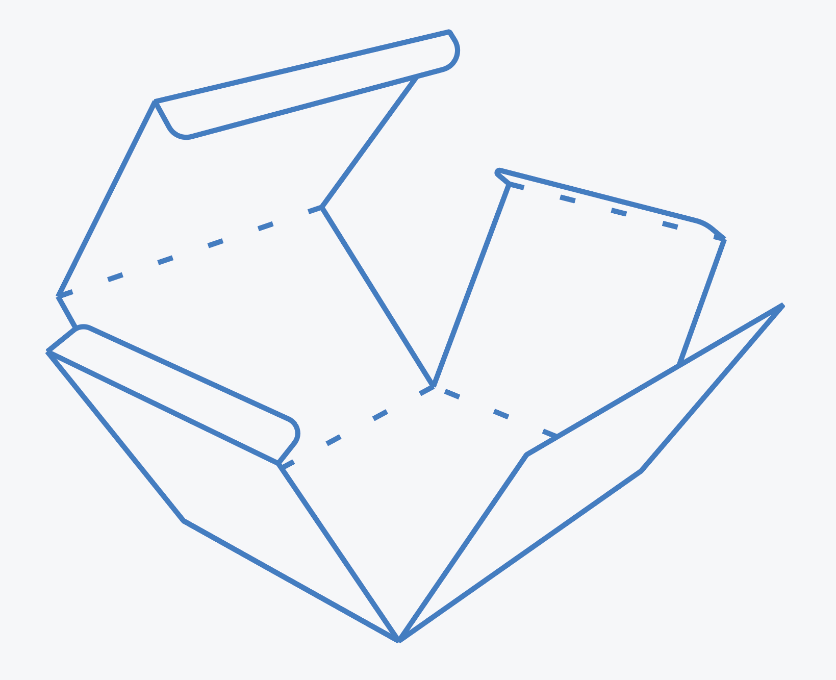 Line drawing of an unfolded cardboard box with flaps and dotted lines indicating where to fold.