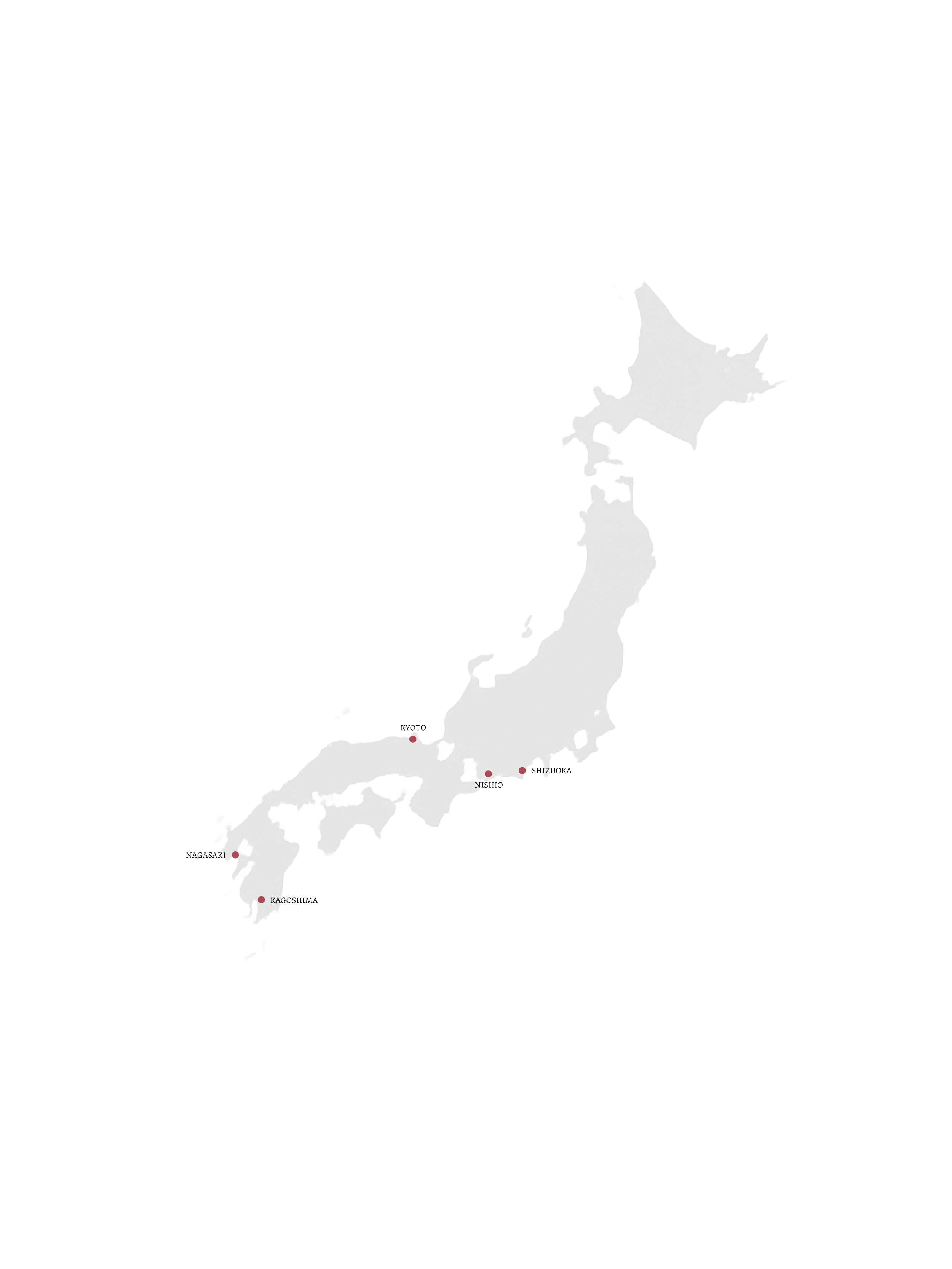 light gray map of japan with red circles pinpointing major matcha sources including Nagasaki, Kagoshima, Kyoto, Nishio, and Shizuoka