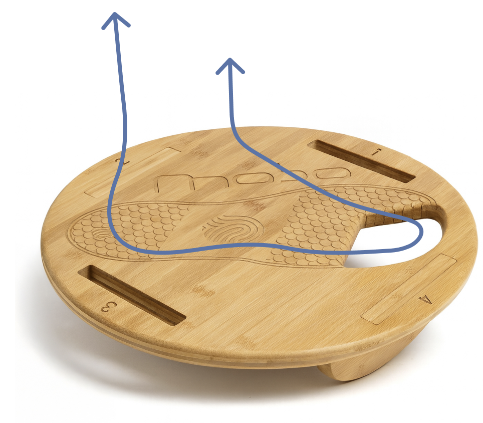 A round wooden balance board with numbered slots and textured patterns, containing blue arrows indicating how a user's foot might tilt or balance on it.