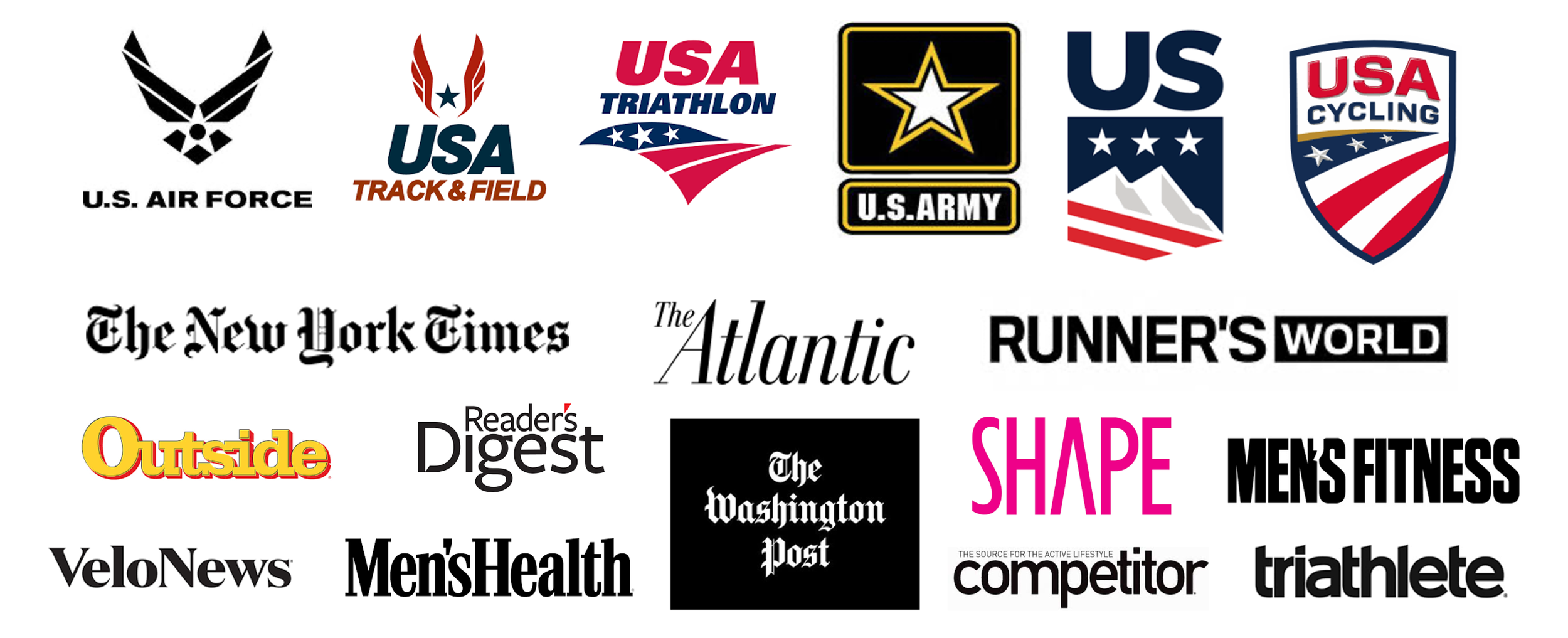 A collection of logos from various U.S. military branches, media outlets, and fitness brands, including U.S. Air Force, U.S. Track & Field, U.S. Triathlon, U.S. Army, and others, arranged in rows.