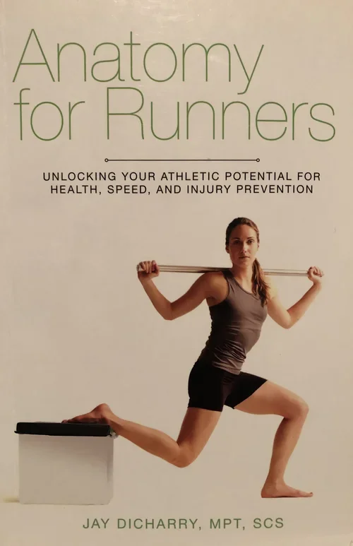 Book cover titled "Anatomy for Runners" featuring a woman performing a lunge exercise with a barbell on her shoulders, against a plain background.