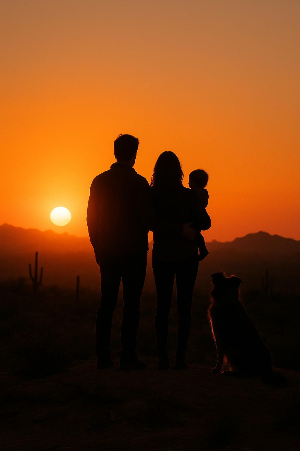 Silhouette of a family with a dog watching the sunset in a desert landscape with cactus plants.