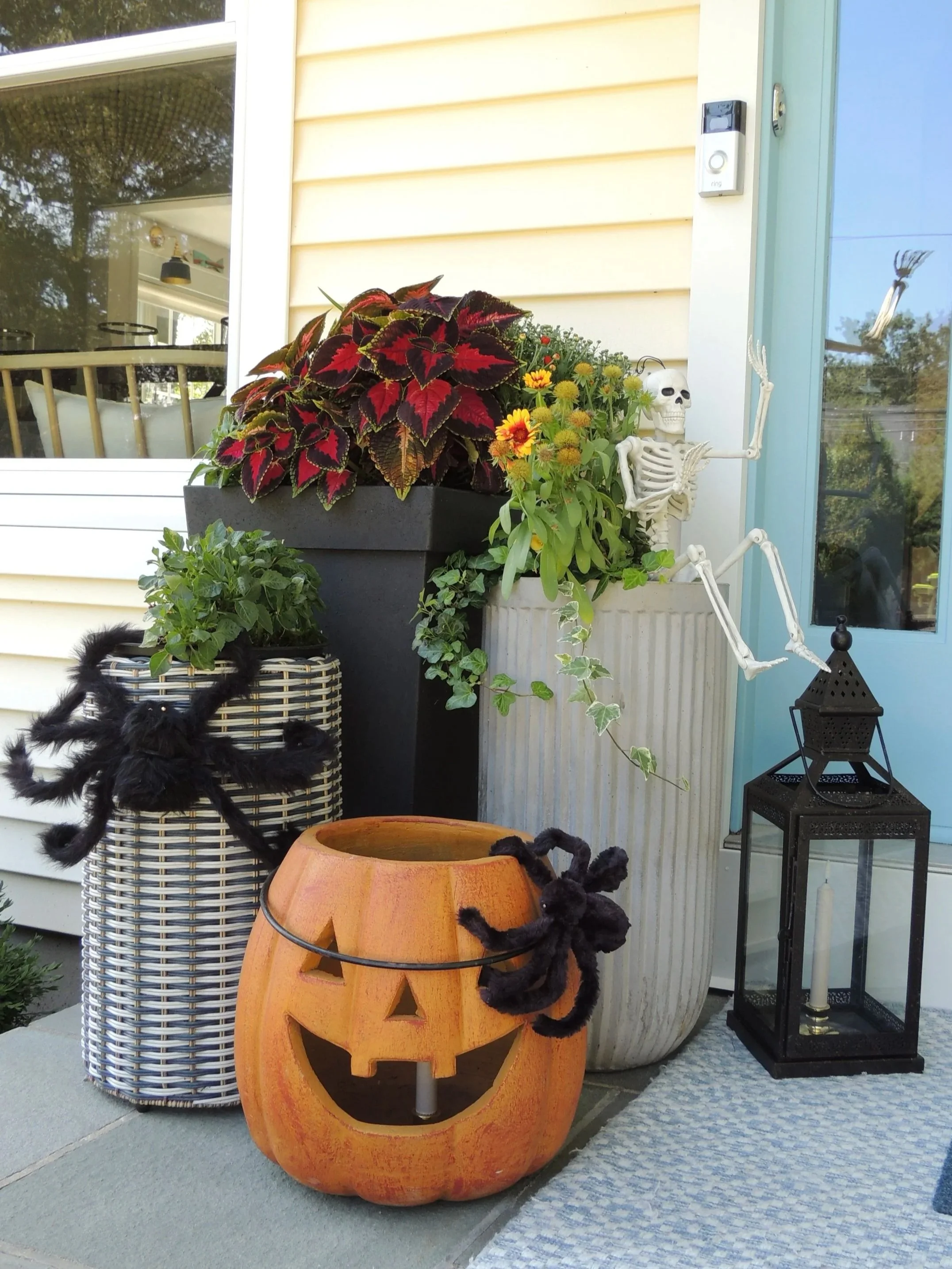 Halloween decorations on a porch including a pumpkin-shaped light, a small skeleton figurine, black spiders, plants, and a lantern.