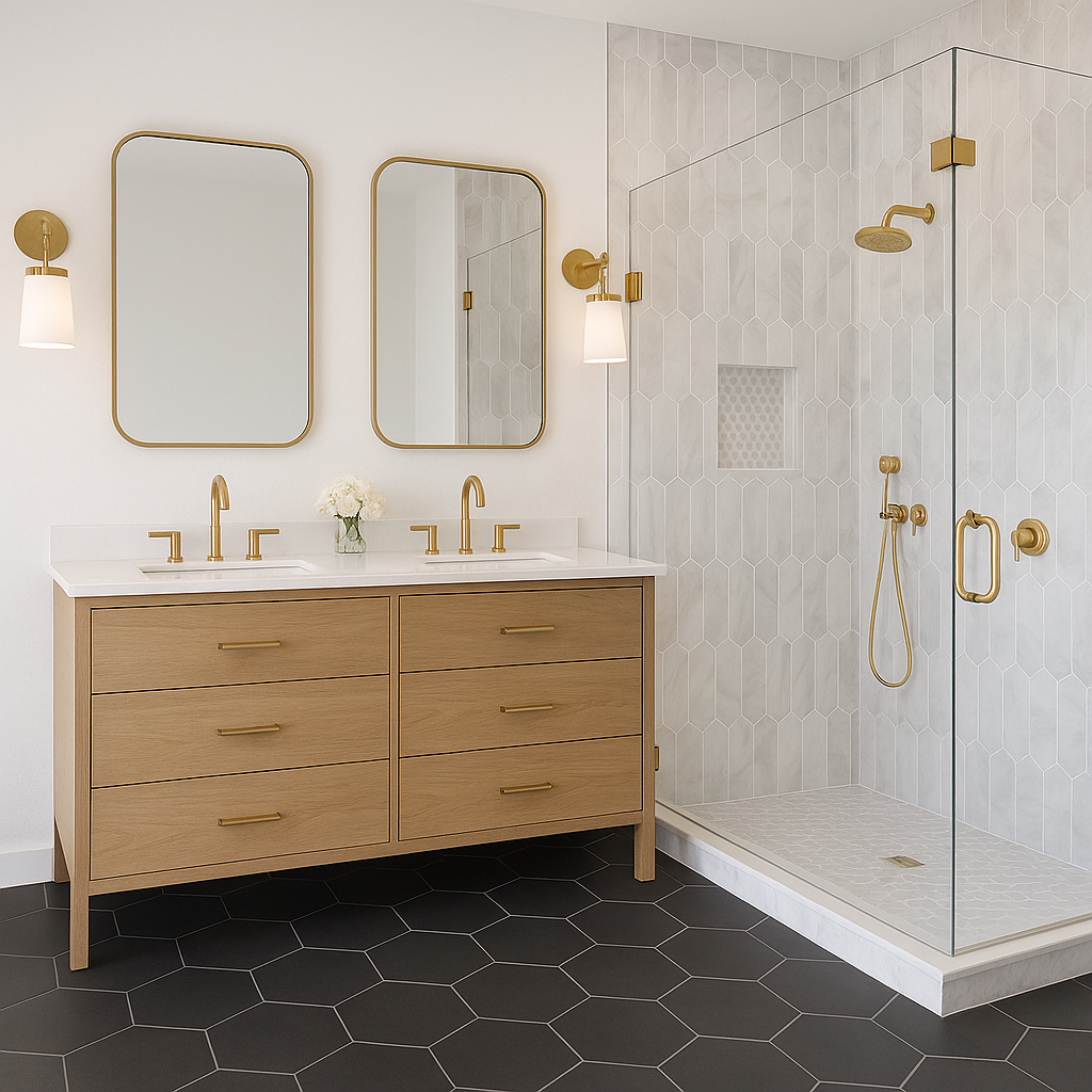 A modern bathroom with a wooden vanity with six drawers, two mirrors with gold frames, and two wall-mounted light fixtures. The shower area has white hexagonal tiles and gold fixtures, including a showerhead, a handheld shower, and a glass door handle. There is a small built-in niche in the shower wall.