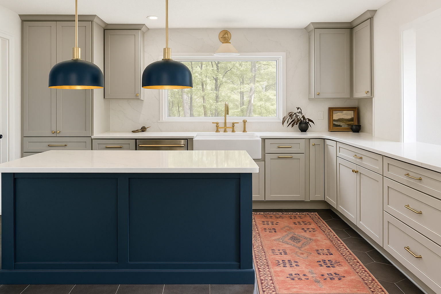 Modern kitchen with light gray cabinets, a white farmhouse sink, a blue island with a white countertop, black and gold pendant lights, a window overlooking trees, and a patterned rug on black tile flooring.