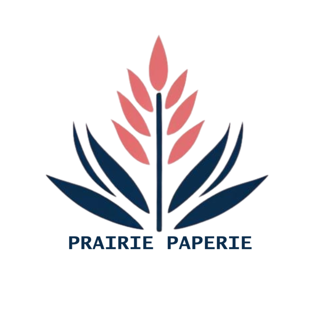 A stylized plant with red and navy blue leaves and the text 'PRAIRIE PAPERIE' underneath.