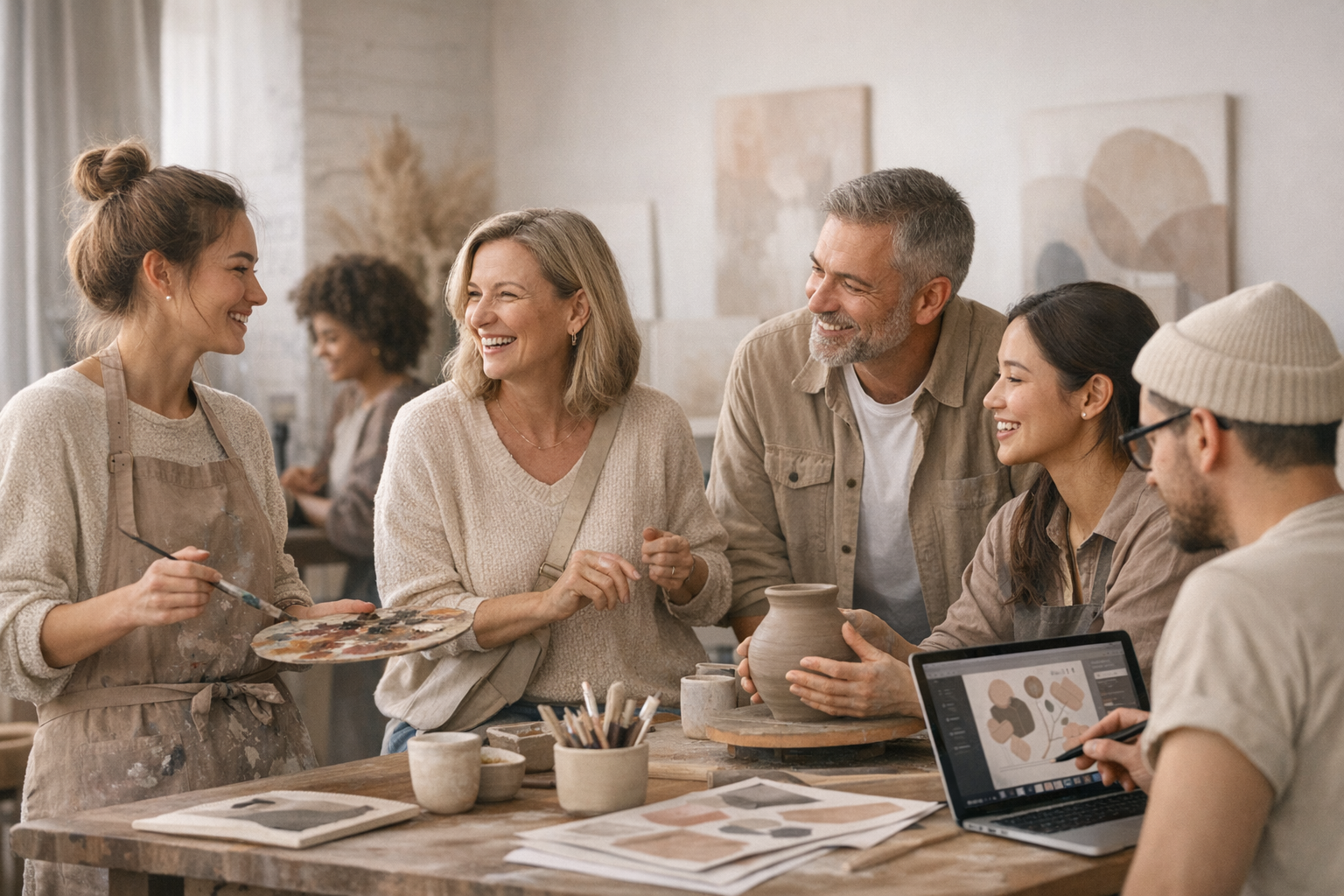 A group of six people gathered around a table, engaging in a pottery class with artwork and art supplies.