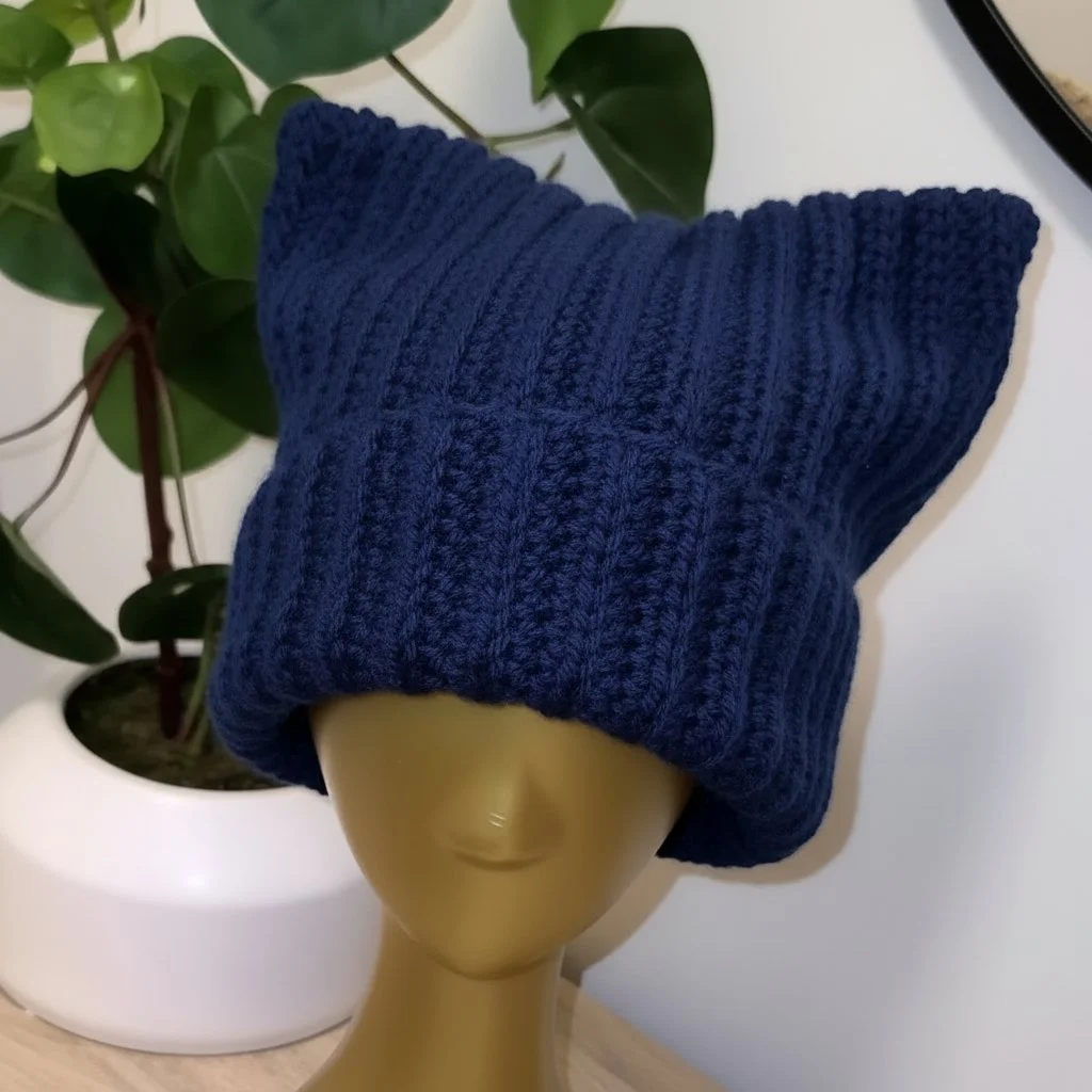 Navy Ribbed Cat Beanie