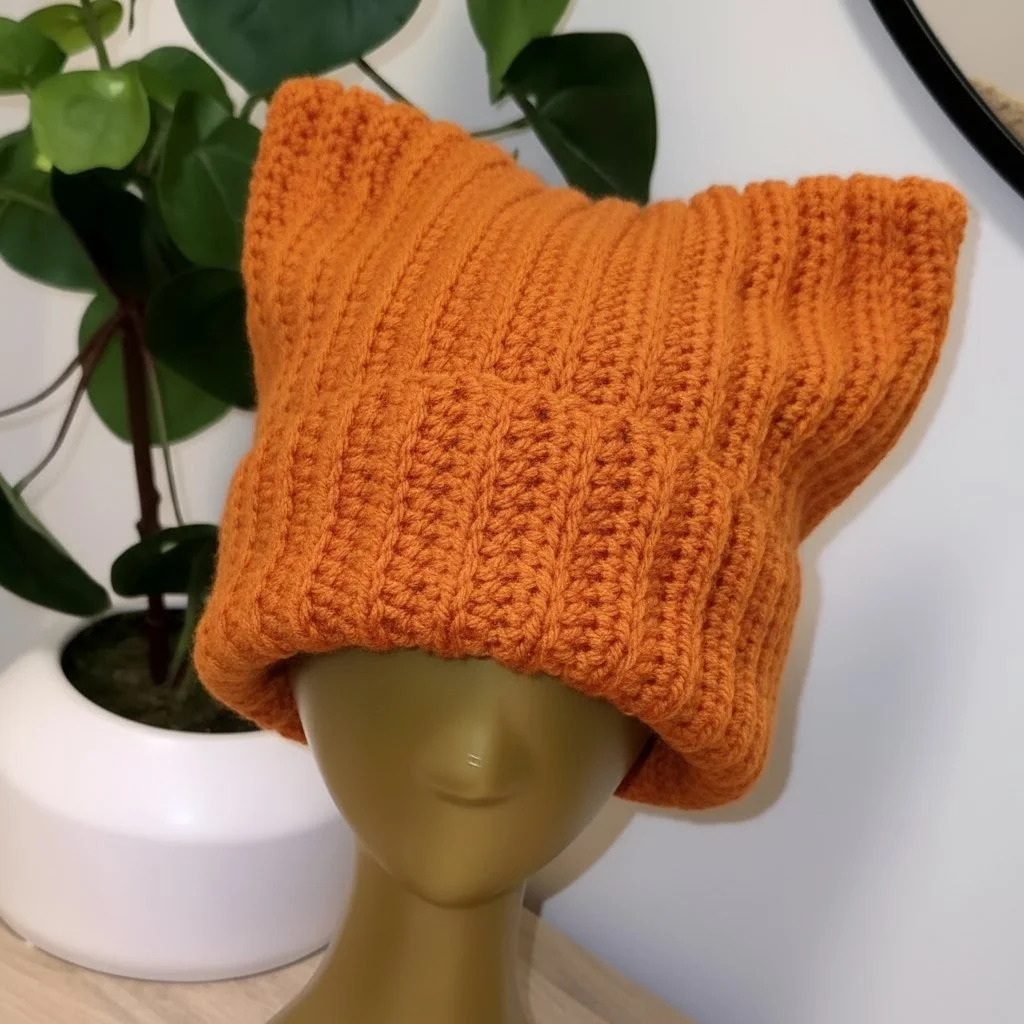 Orange Ribbed Cat Beanie