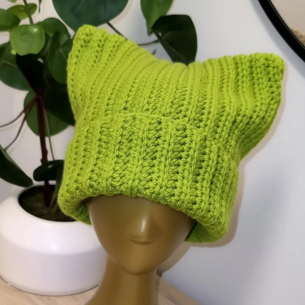 Bright Green Ribbed Cat Beanie
