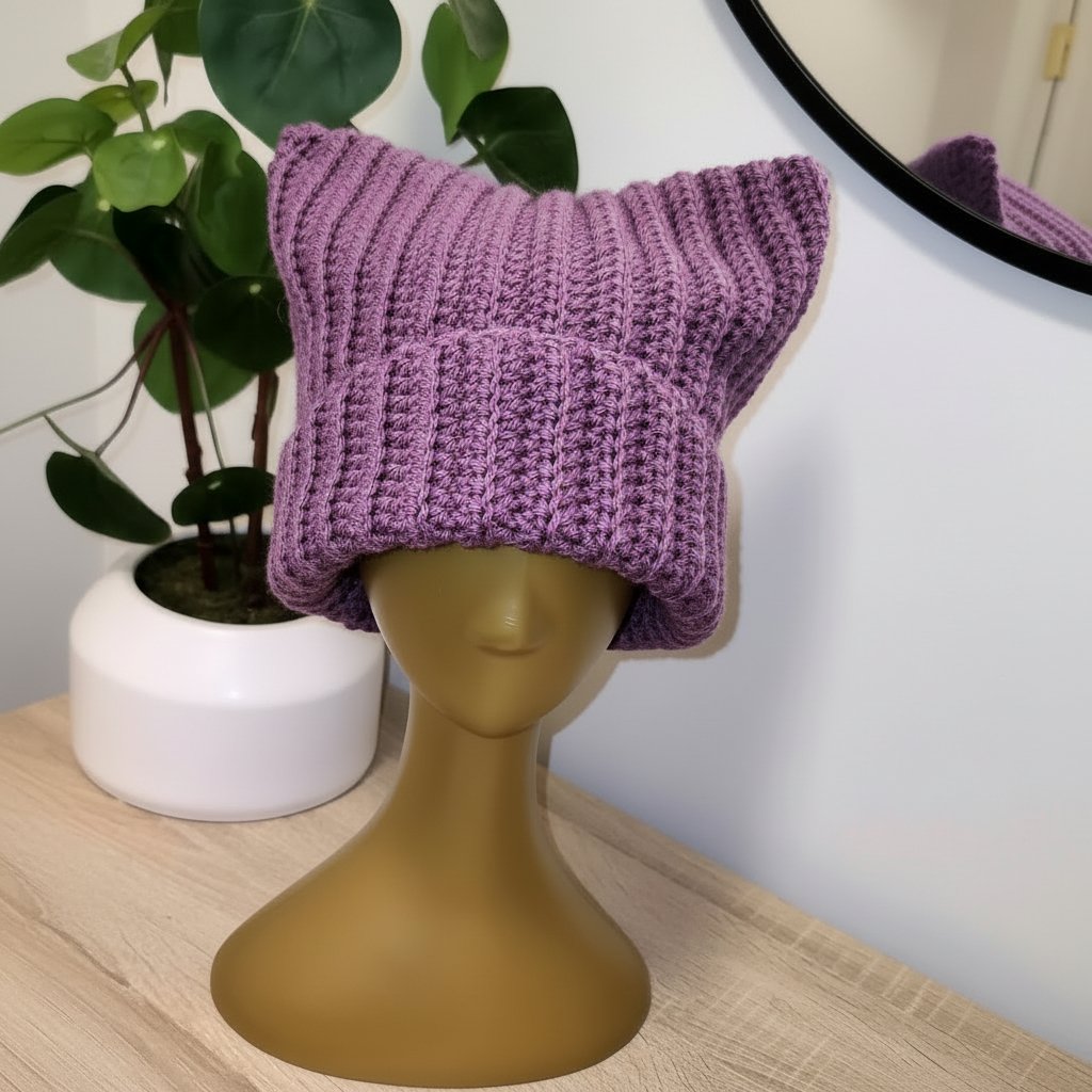 A mannequin head wearing a purple knitted hat with ear flaps, placed on a wooden surface. In the background, there is a white pot with a green leafy plant, and a round mirror on the wall.