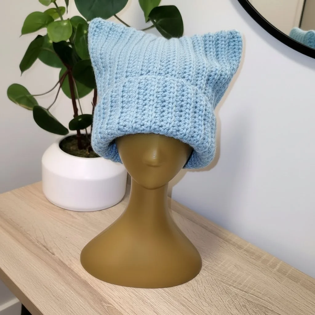 A mannequin head with a tan skin tone wearing a light blue knitted hat, placed on a wooden surface. In the background, there is a potted plant with green leaves and a white pot, and a round mirror on the wall.