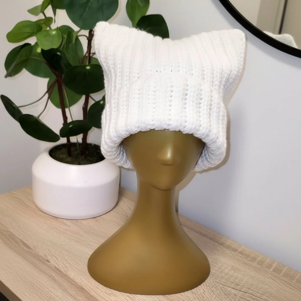 A white knitted winter hat placed on a mannequin head, with a potted green plant in the background on a wooden surface.