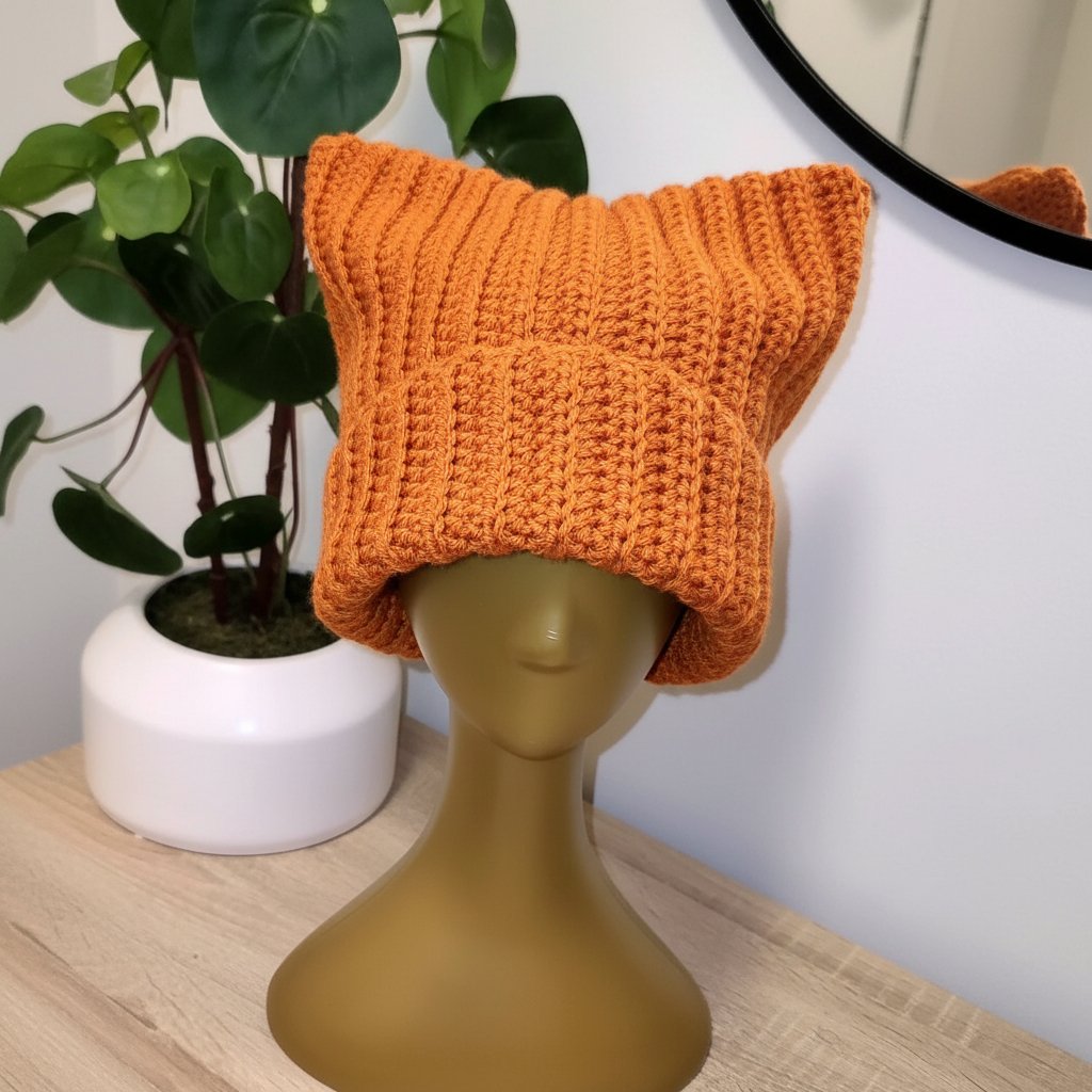 A mannequin head wearing an orange knitted hat that is large and slouchy, with a ribbed pattern. The mannequin is placed on a wooden surface, with a potted green plant and a mirror visible in the background.