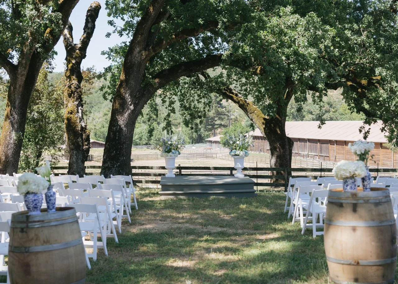 Outdoor wedding ceremony setup with white chairs, floral arrangements, and large trees providing shade, in a rustic rural setting.