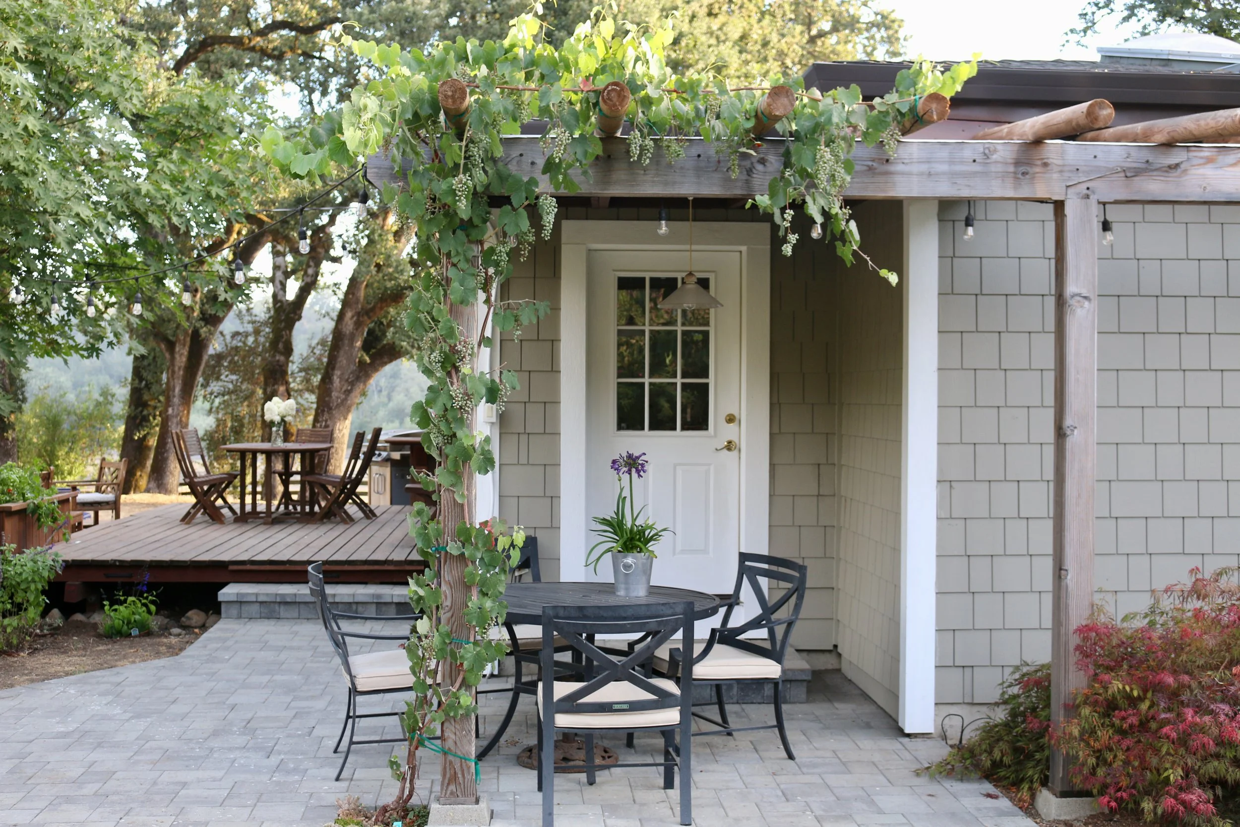 Exterior view of a backyard patio area with a round black table and four chairs, a potted plant with purple flowers on the table, and a small deck with a dining set in the background. Vine plants grow on a wooden post and a pergola, with trees and gr