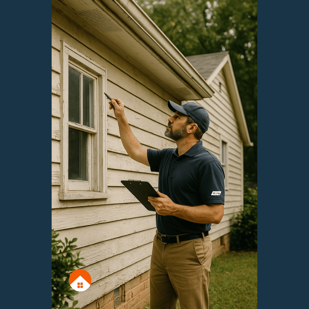 A man inspecting the exterior of a house with a pen and clipboard, standing outside near the wall with a window, in a suburban neighborhood.