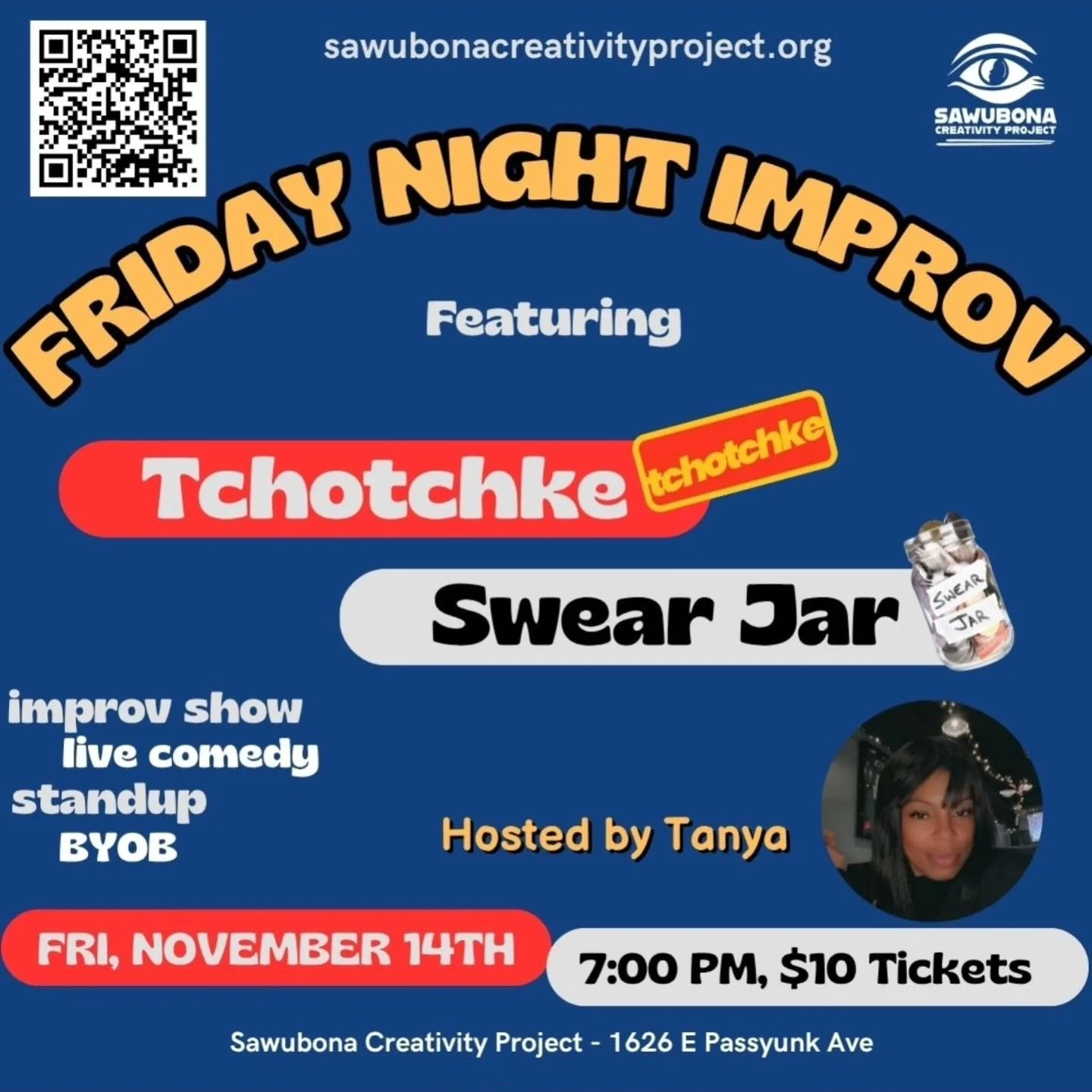 What are you doing Friday at 7pm?  Is it going to @sawubonacreativity to see us and the exceptionally funny @howdoyouspelltchotchke?  Because it 🤬 should be!

#phillyimprov #phillyimprovtheater #improv #livetheater #comedy #improvcomedy