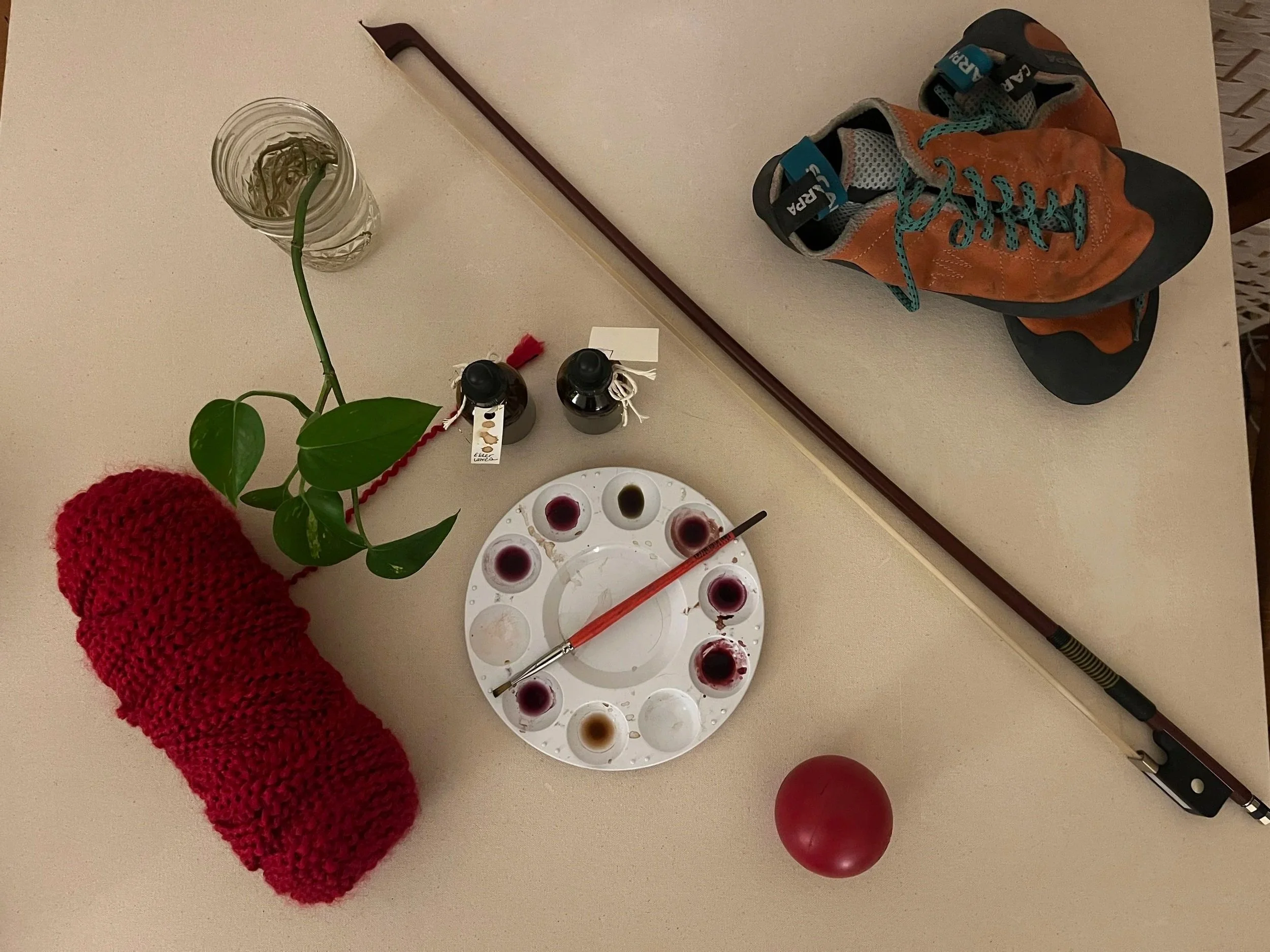 Against a beige background sit a pair of orange and black climbing shoes, a small green plant in a glass jar, a red spool of yarn, a red lacrosse ball, a paint palette with dark red, black, and brown paint, a paintbrush, and a long brown cello bow.