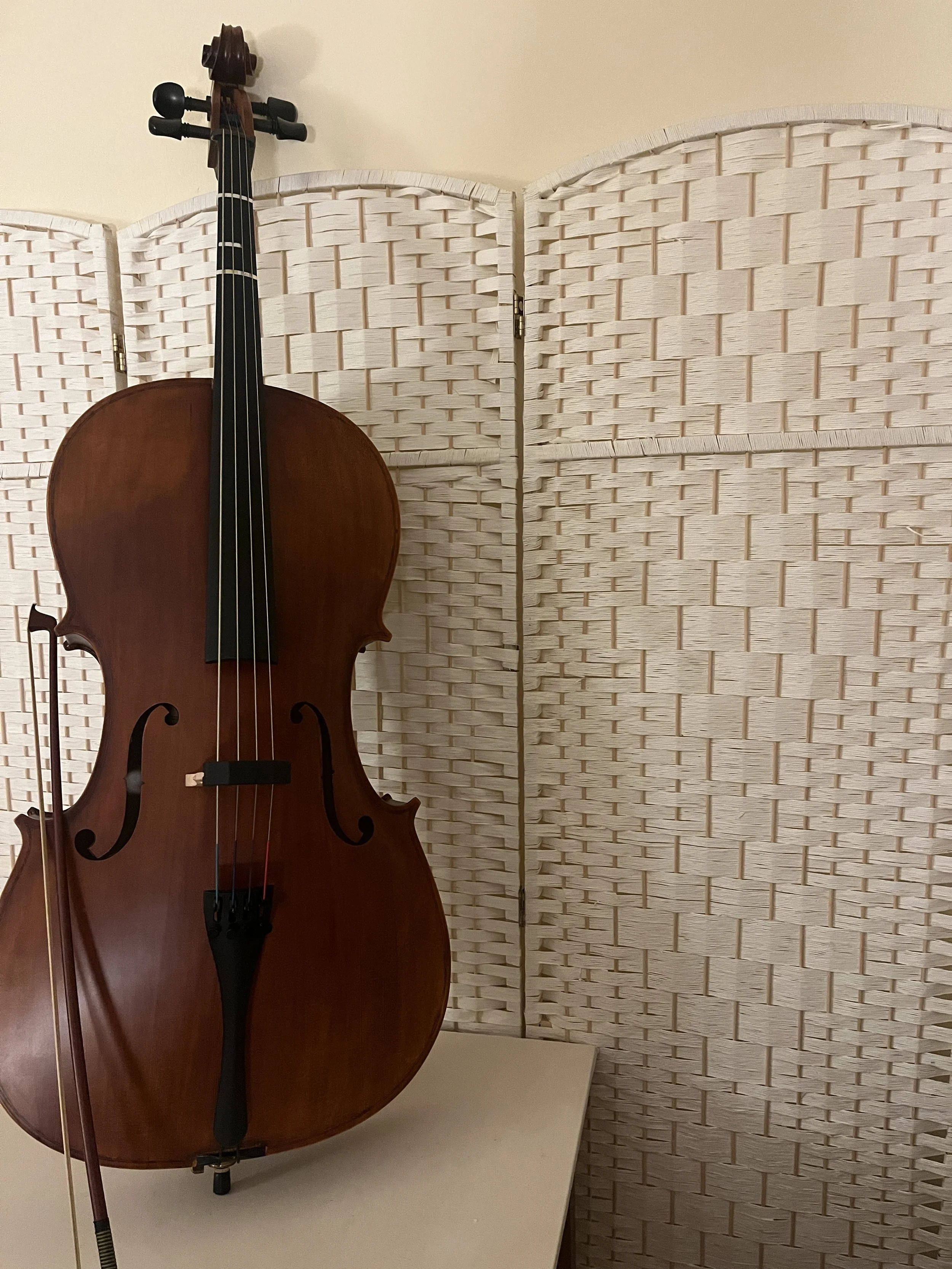 A cello and its bow standing on a canvas colored background and up against a white wicker wall.