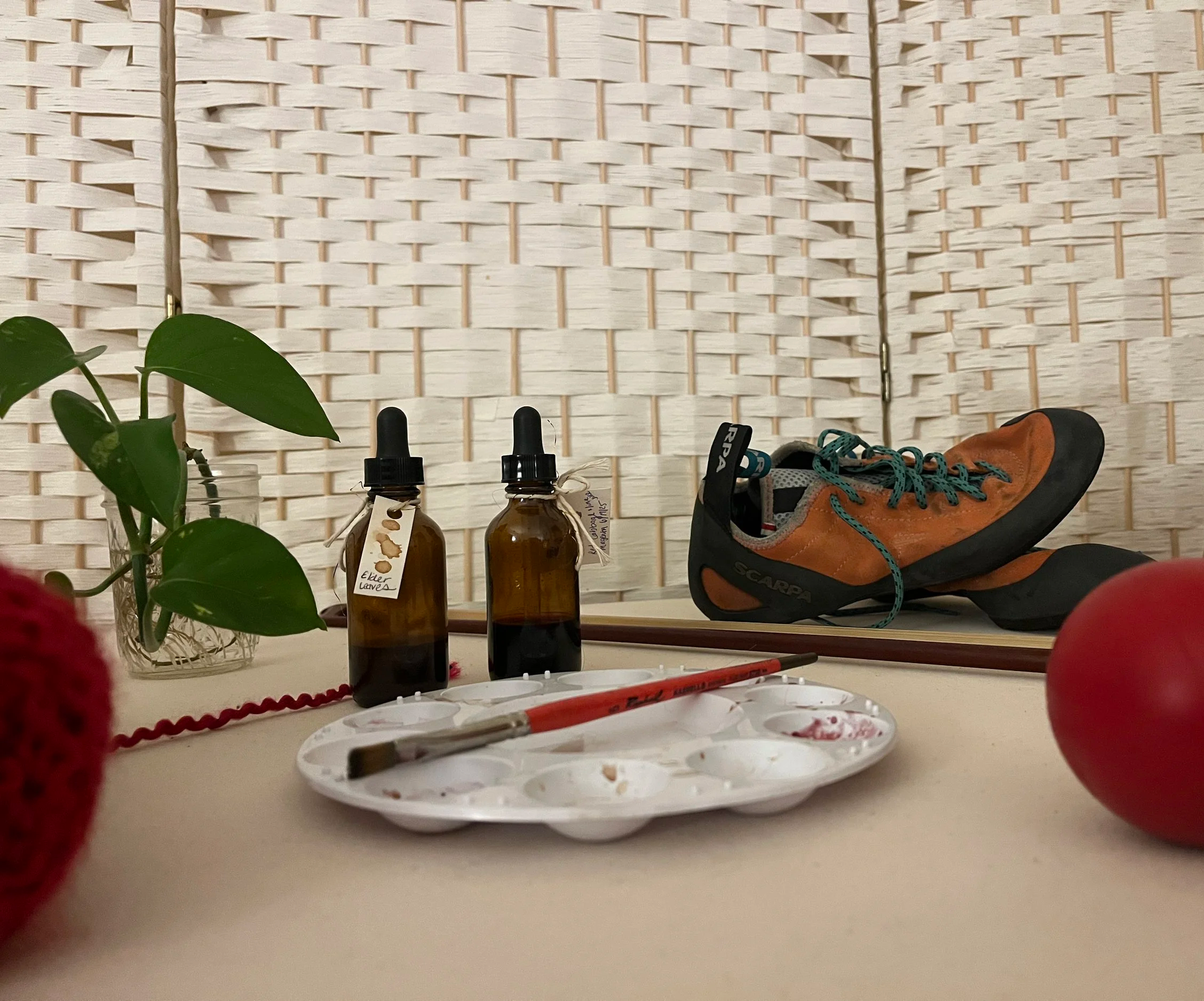 yarn, a paint palette with a brush lying across it, a red lacrosse ball, orange climbing shoes, a bow to a string instrument, a plant growing in water and two amber glass bottles sit on a canvas background and stand against a white wicker wall.