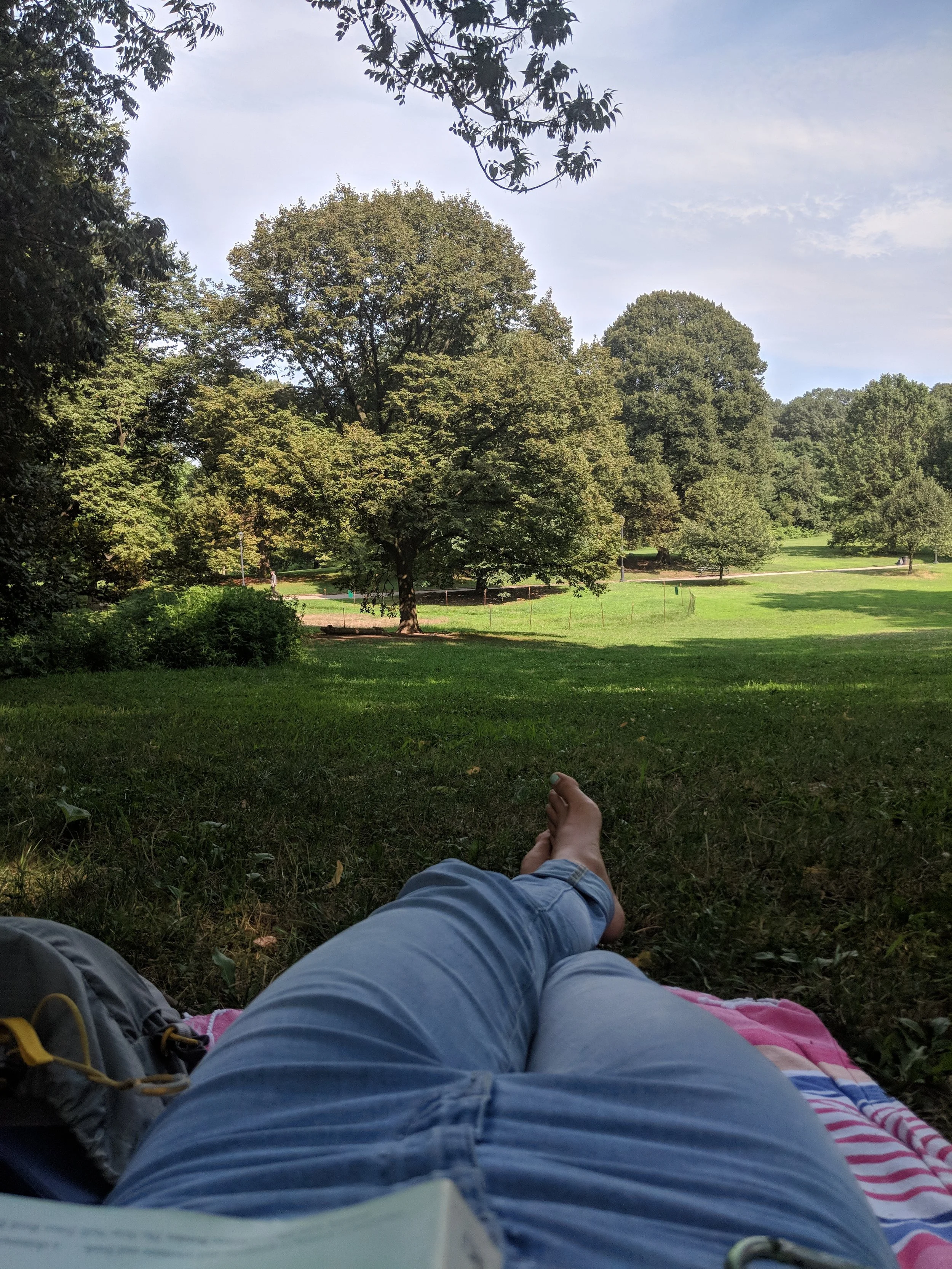 a field of grass littered with trees and dappled sunlight. Crossed legs on a colorful striped blanket stretch out from the photo frame. The edge of book can be seen in the bottom left corner as can a gray backpack.