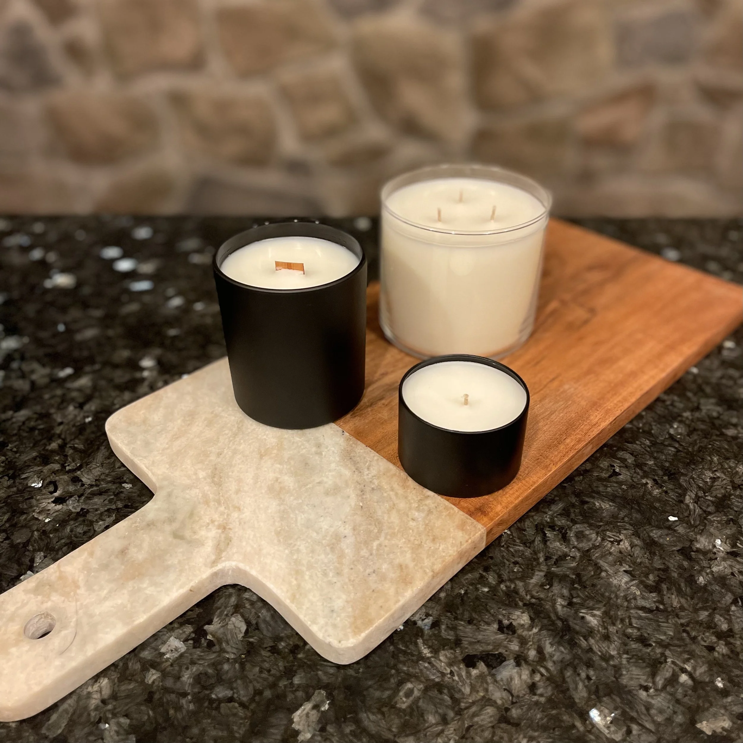 Wick & Flame candle jar sizes 3.5 oz, 8.5 oz and 17 oz.