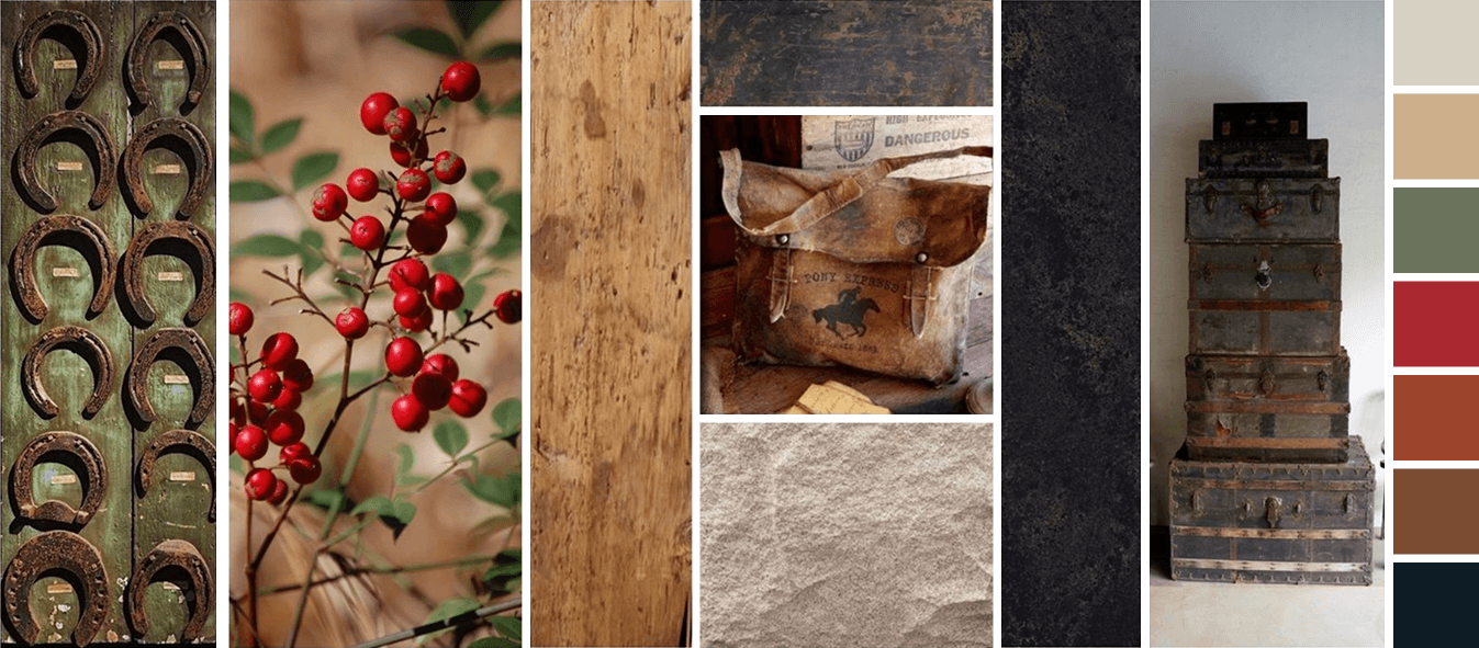 A collage of various rustic and vintage textures and objects, including metal rings, red berries, wood surfaces, an old leather bag, a dark vintage patina, rusted metal chest, and a color palette with earth tones and dark blue.