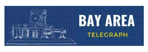Blue banner with white and yellow text saying 'Bay Area Telegraph' and a line drawing of a vintage telegram machine.