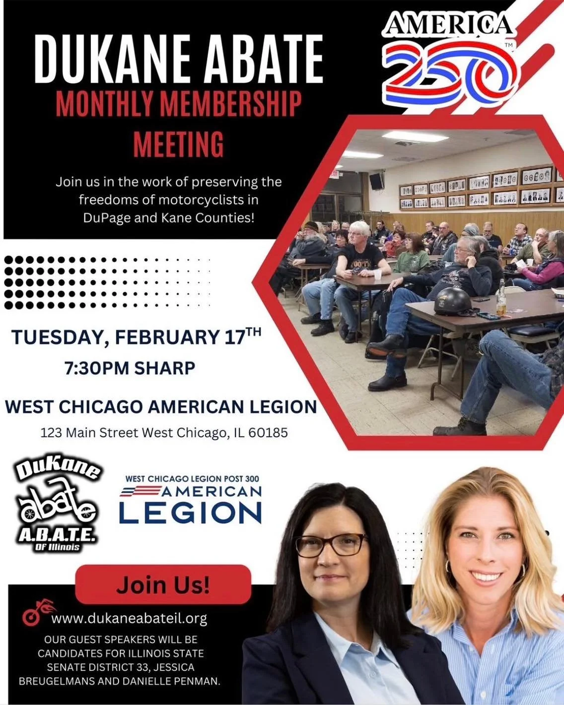 I&rsquo;m looking forward to joining DuKane ABATE for their monthly membership meeting tomorrow, February 17th! 

Motorcyclists across DuPage and Kane Counties deserve leaders who will stand up for their freedoms and listen to their concerns. I appre