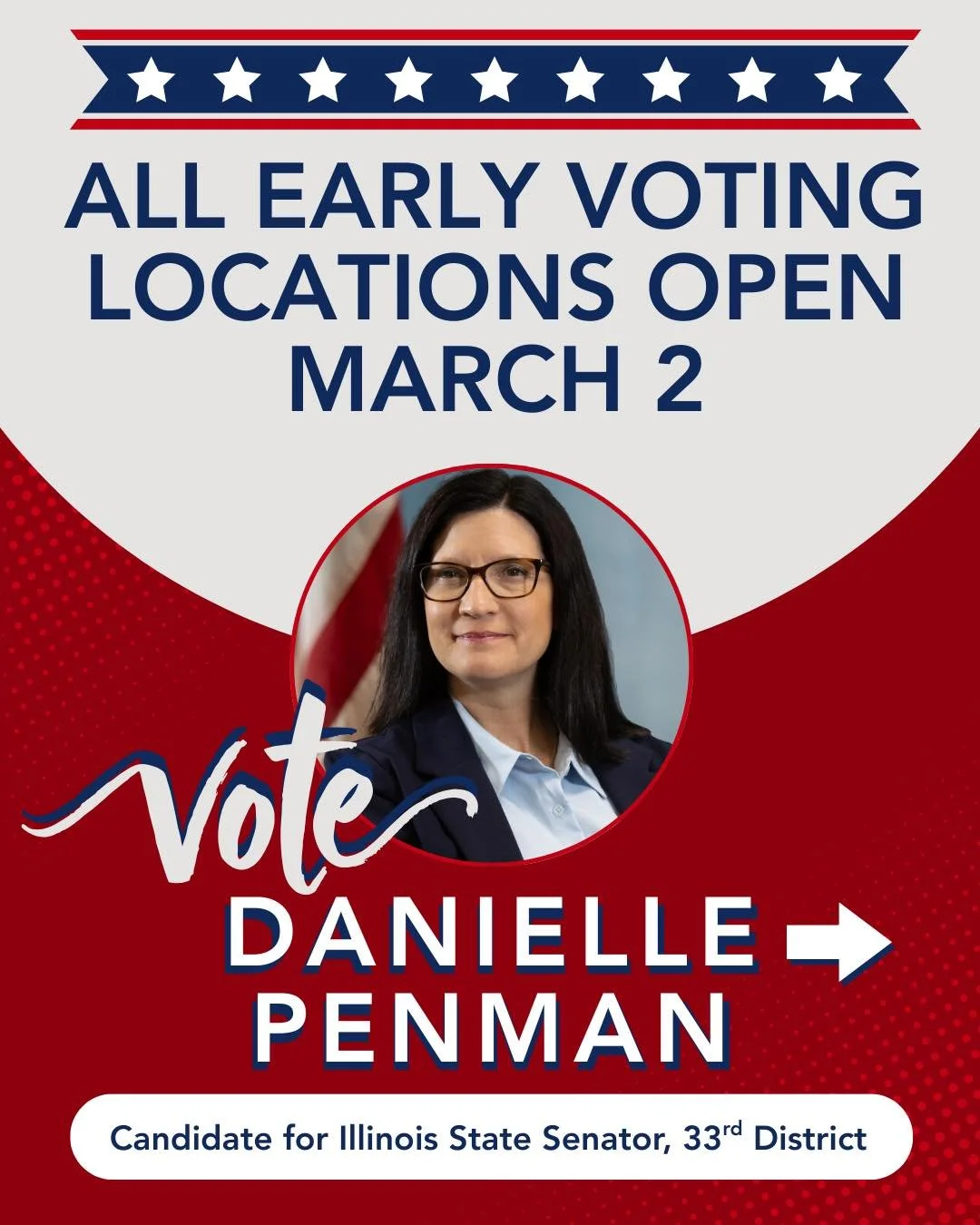Early voting is here.

All early voting locations are open starting March 2. If you live in District 33, cast your ballot McHenry, Kane, or DuPage County.

Find your early voting location by visiting your county&rsquo;s website:
McHenry County: tinyu