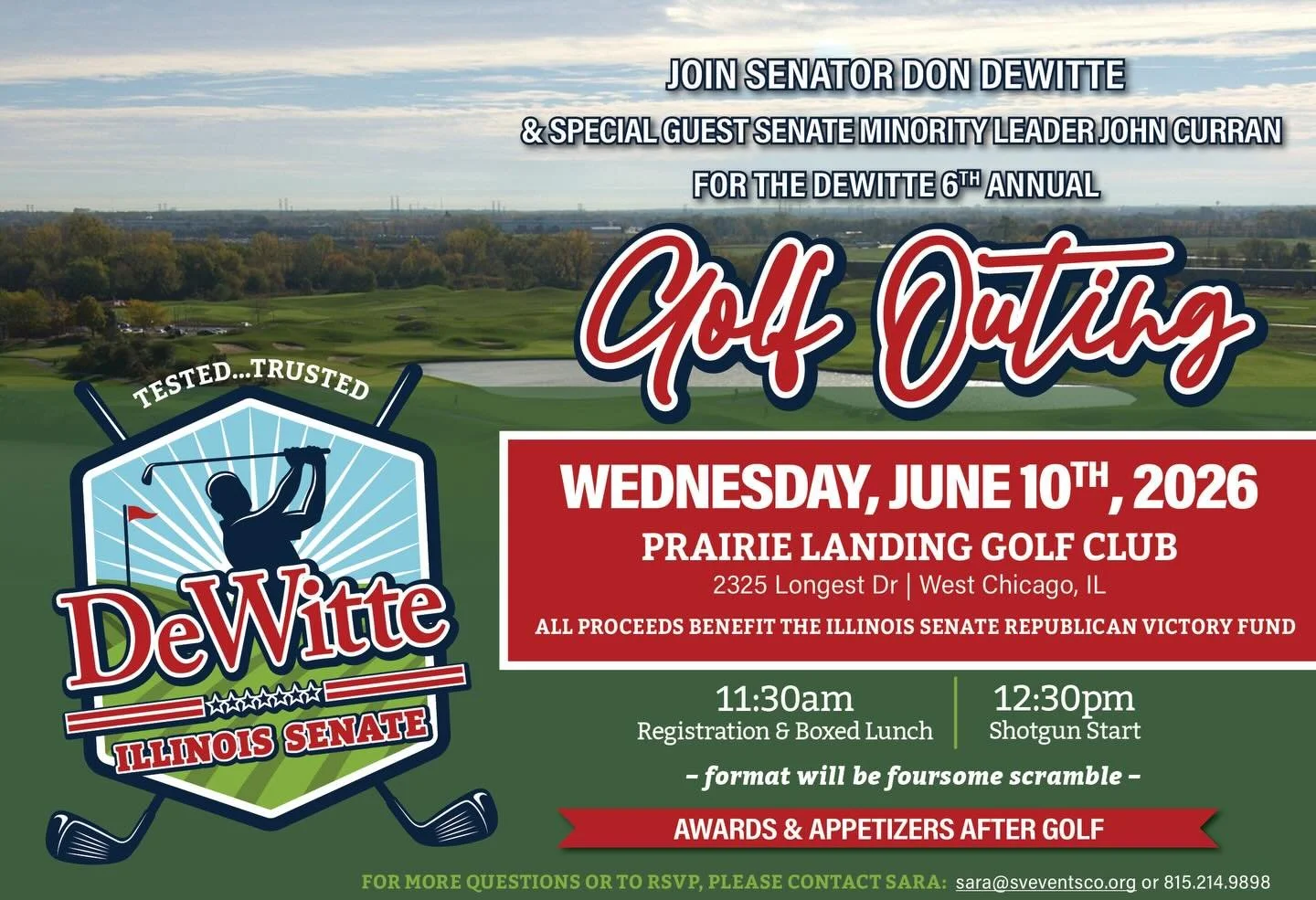 Calling all golfers! Come out and golf with me at Senator Don DeWitte&rsquo;s annual Golf Outing with Special Guest Senate Republican Leader John Curran on Wednesday, June 10 at Prairie Landing Golf Club in West Chicago. 🏌🏽&zwj;♀️🏌🏼&zwj;♂️

Parti