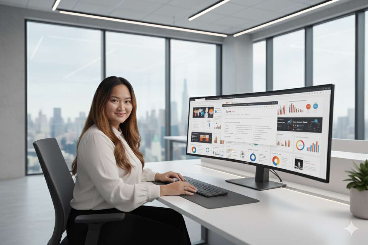 A woman sitting at a desk in a modern office with large windows, working on a computer displaying charts and graphs.