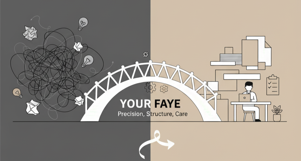 A graphic divided into two halves with a white bridge arch in the center. The left side has a tangled black line with crumpled papers and light bulb icons, representing chaos or brainstorming. The right side shows a neat office scene with a person working at a desk, surrounded by folders, paper, a checklist, and a plant. In the middle, on the bridge, it says "Your Faye" with the tagline "Precision, Structure, Care."