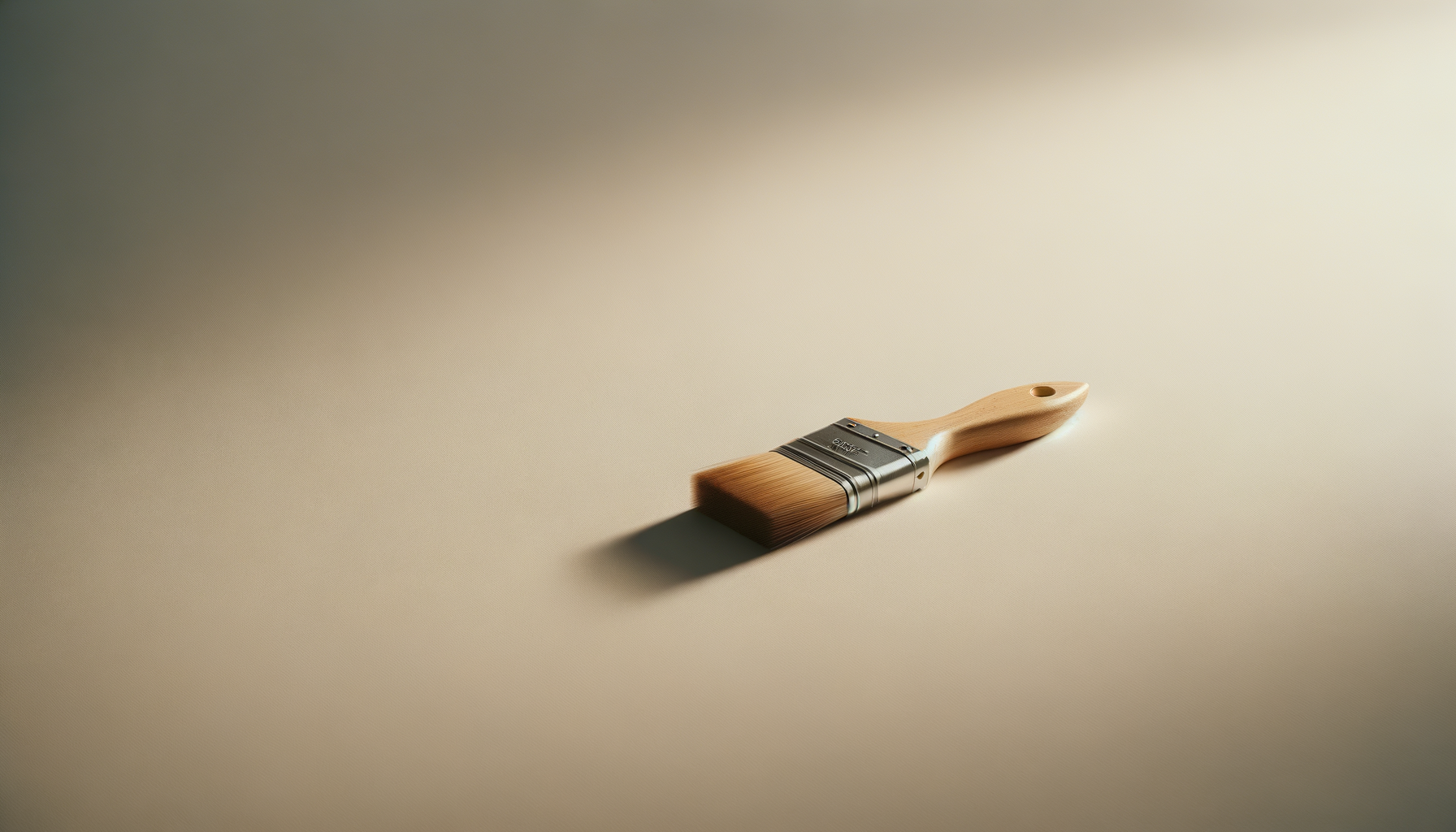 A paintbrush with a wooden handle and flat bristles lying on a plain surface with soft lighting.